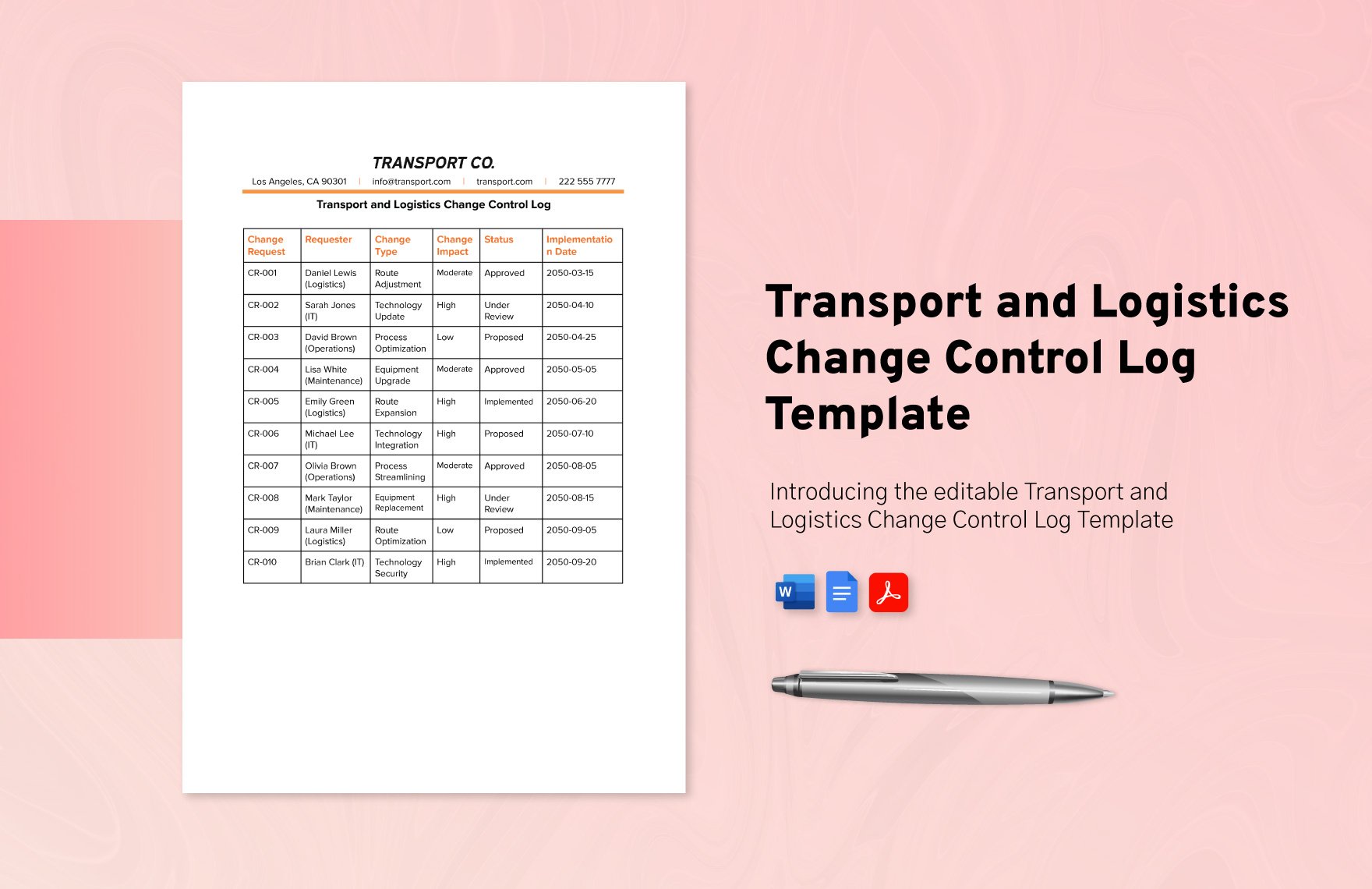 Transport and Logistics Change Control Log Template