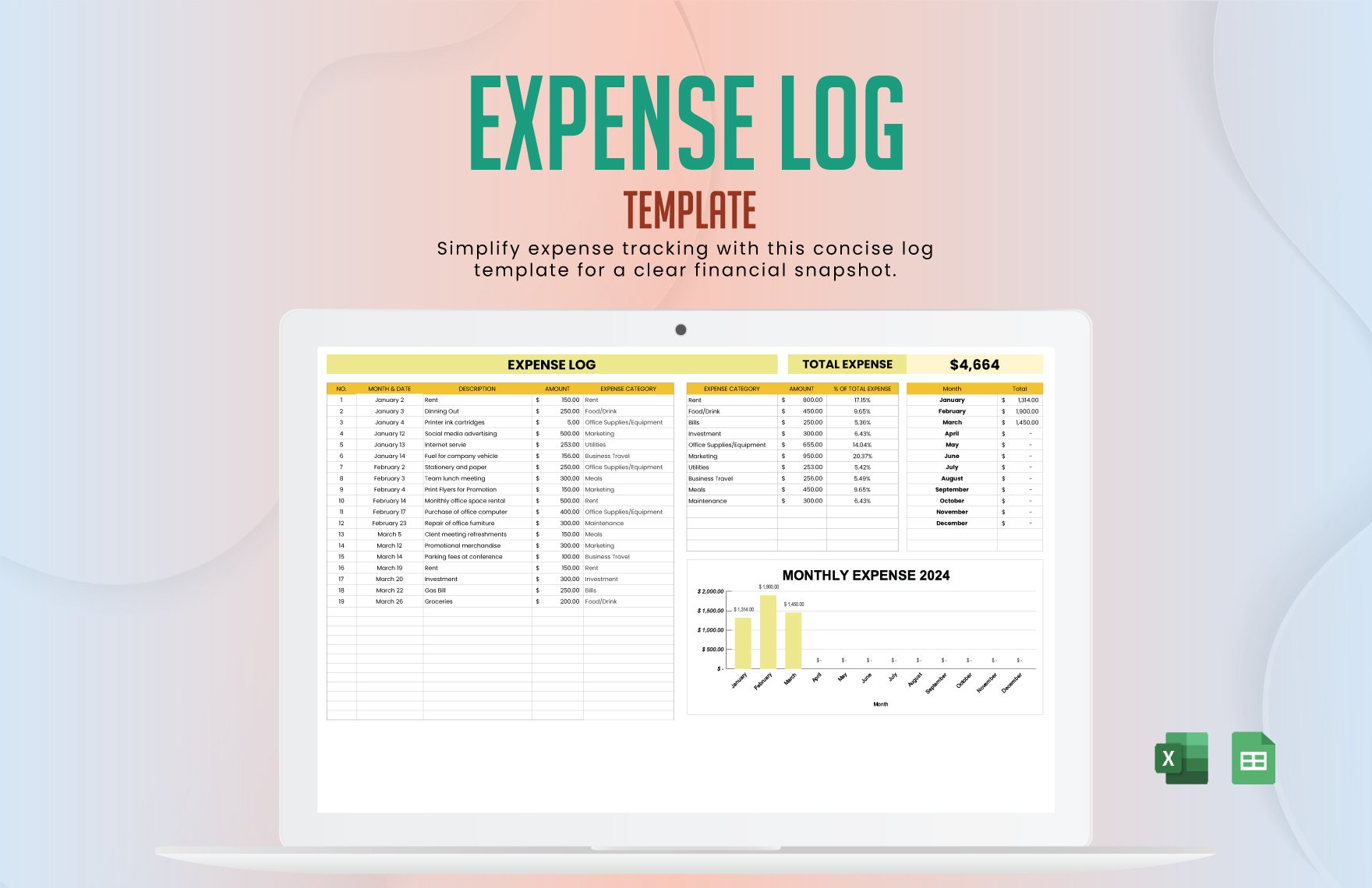 Expense Log Template in Excel, Google Sheets
