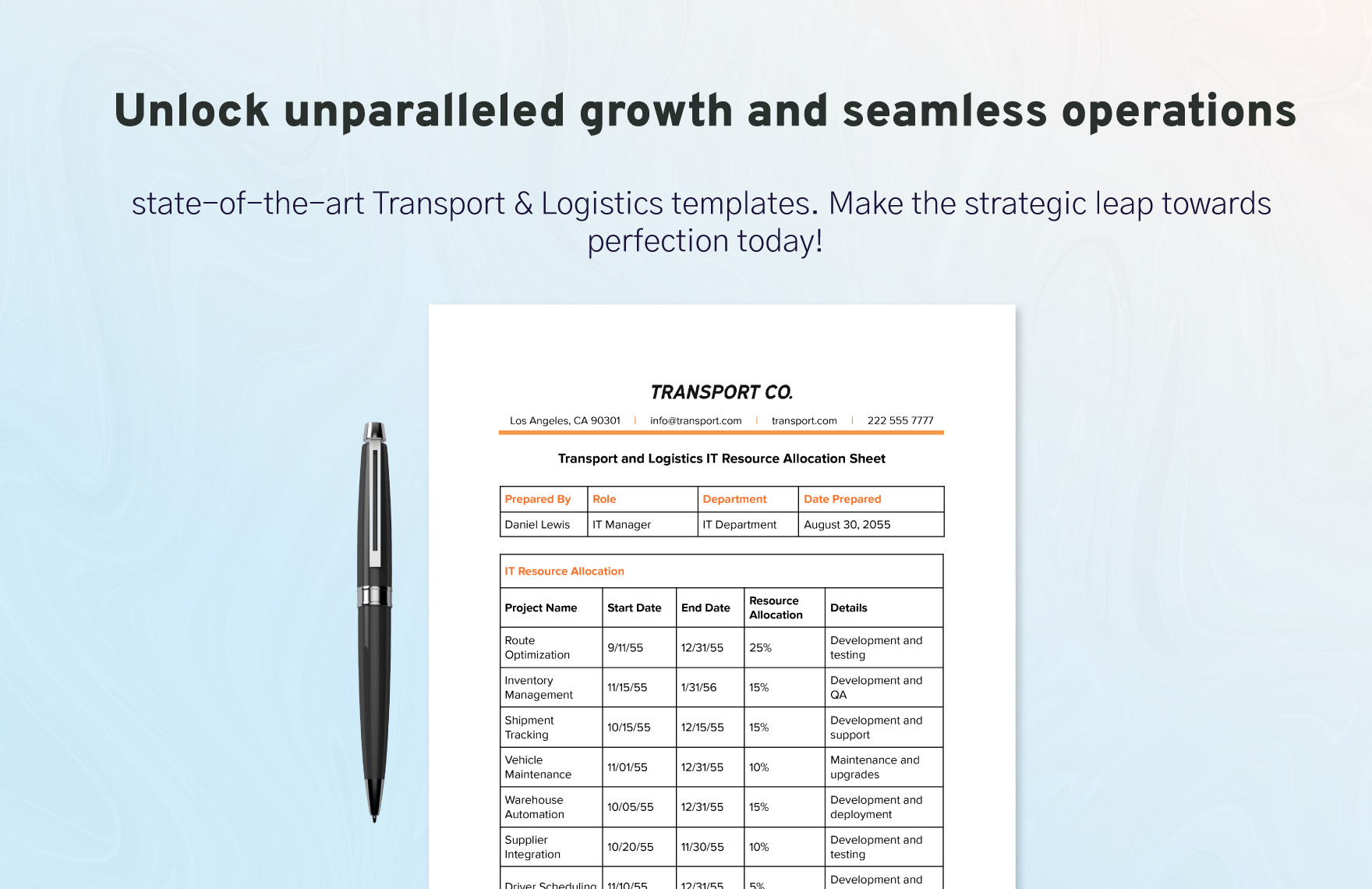 Transport and Logistics IT Resource Allocation Sheet Template