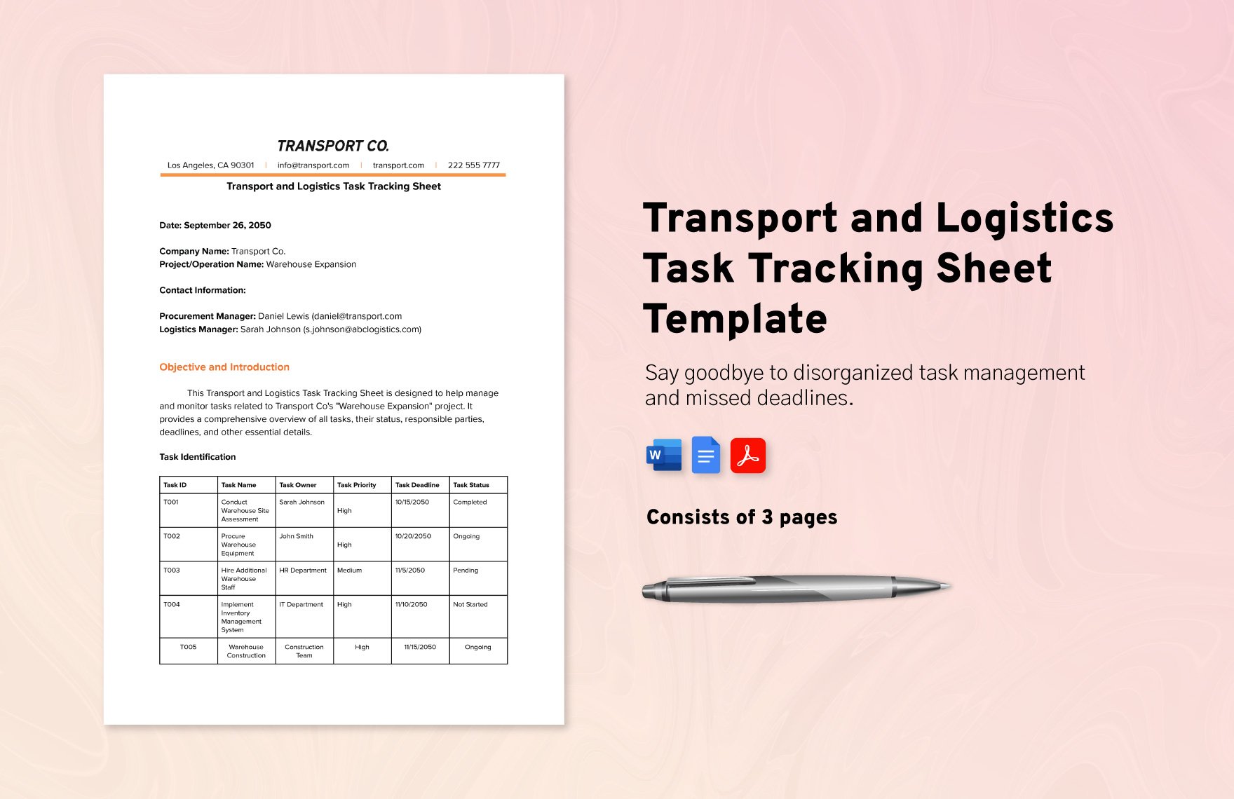 Transport and Logistics Task Tracking Sheet Template