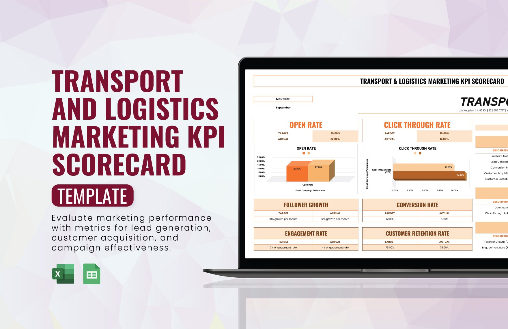 Free Transport and Logistics Marketing KPI Scorecard Template in Excel, Google Sheets