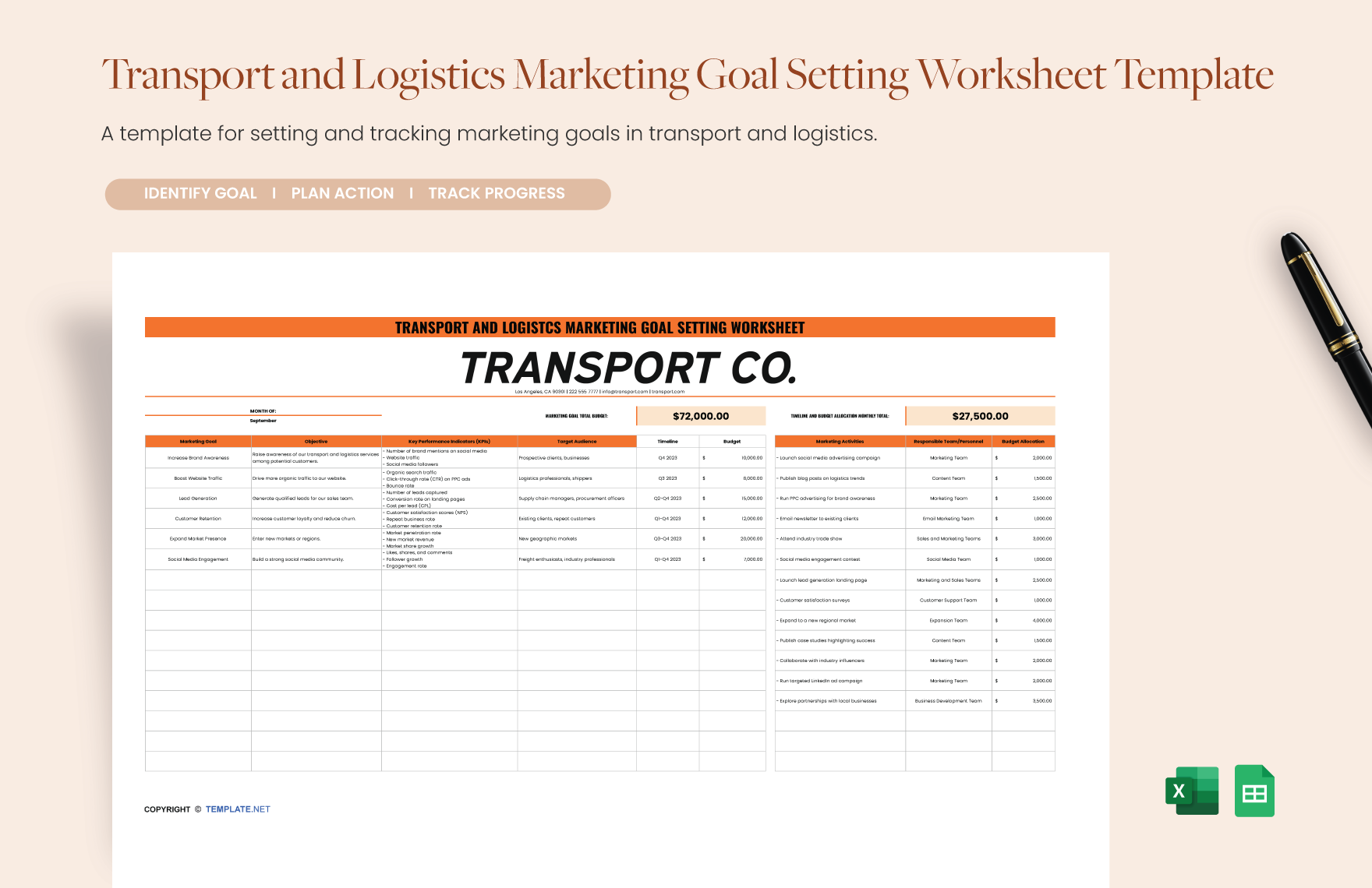 Transport and Logistics Marketing Goal Setting Worksheet Template