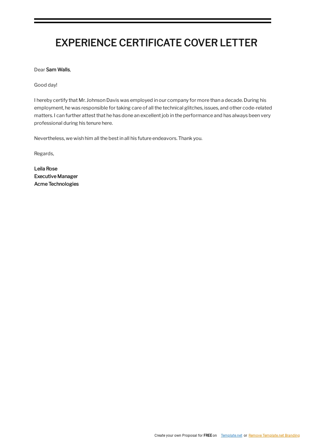 Experience Certificate Letter Template - Google Docs, Word