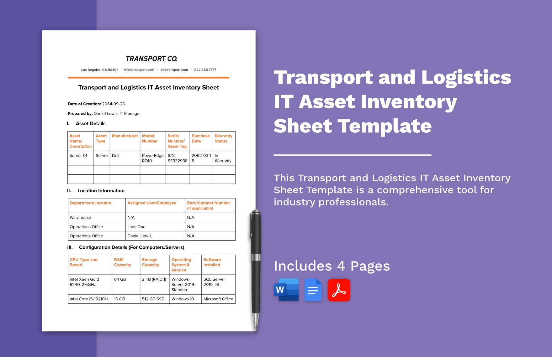 Transport and Logistics IT Asset Inventory Sheet Template