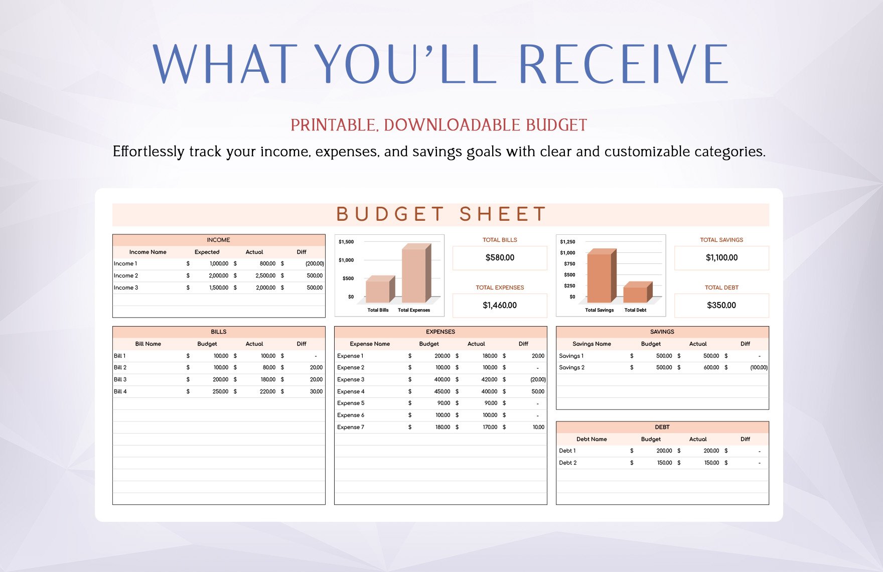 Printable, Downloadable Budget Template