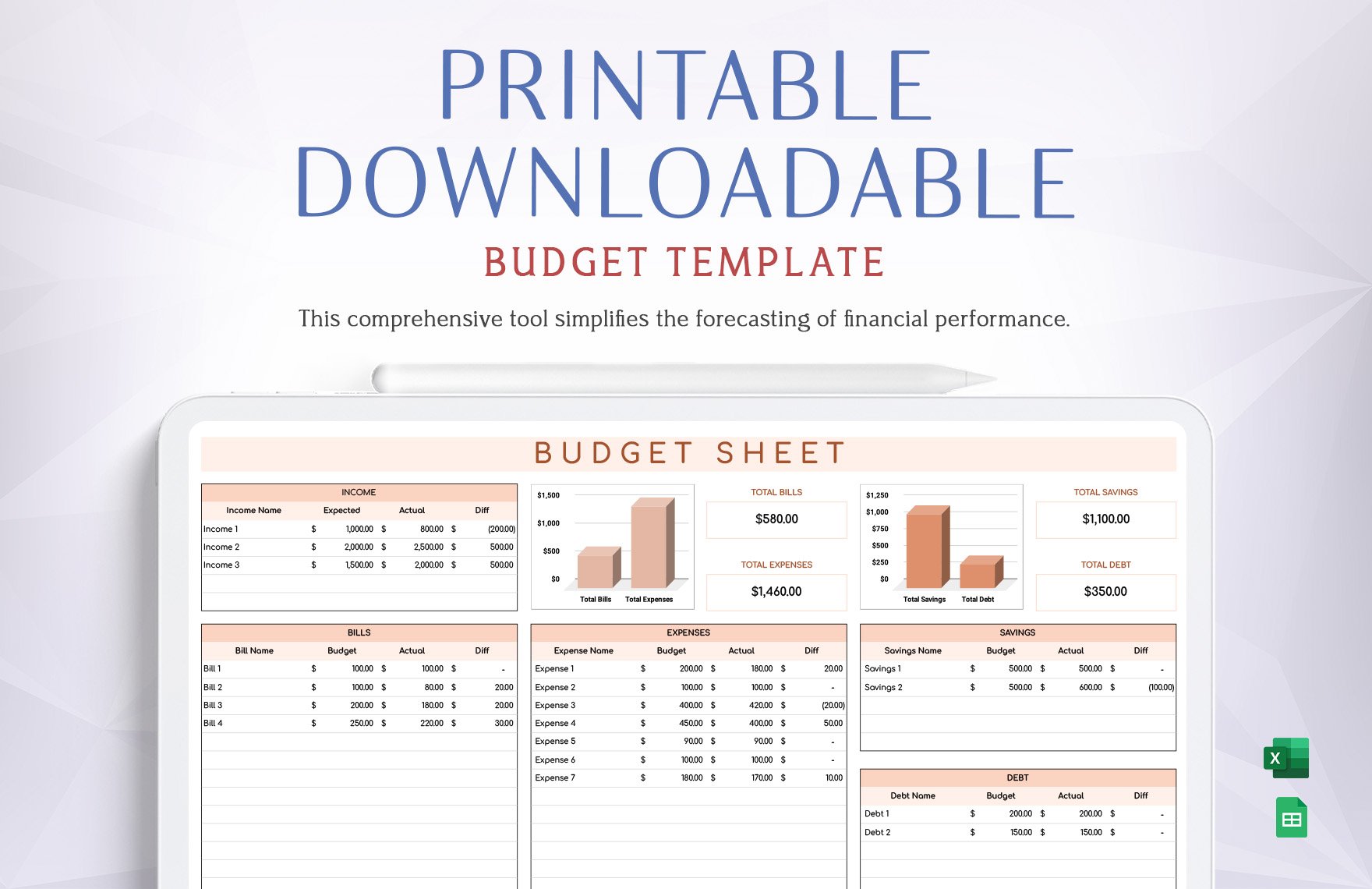 Printable, Downloadable Budget Template