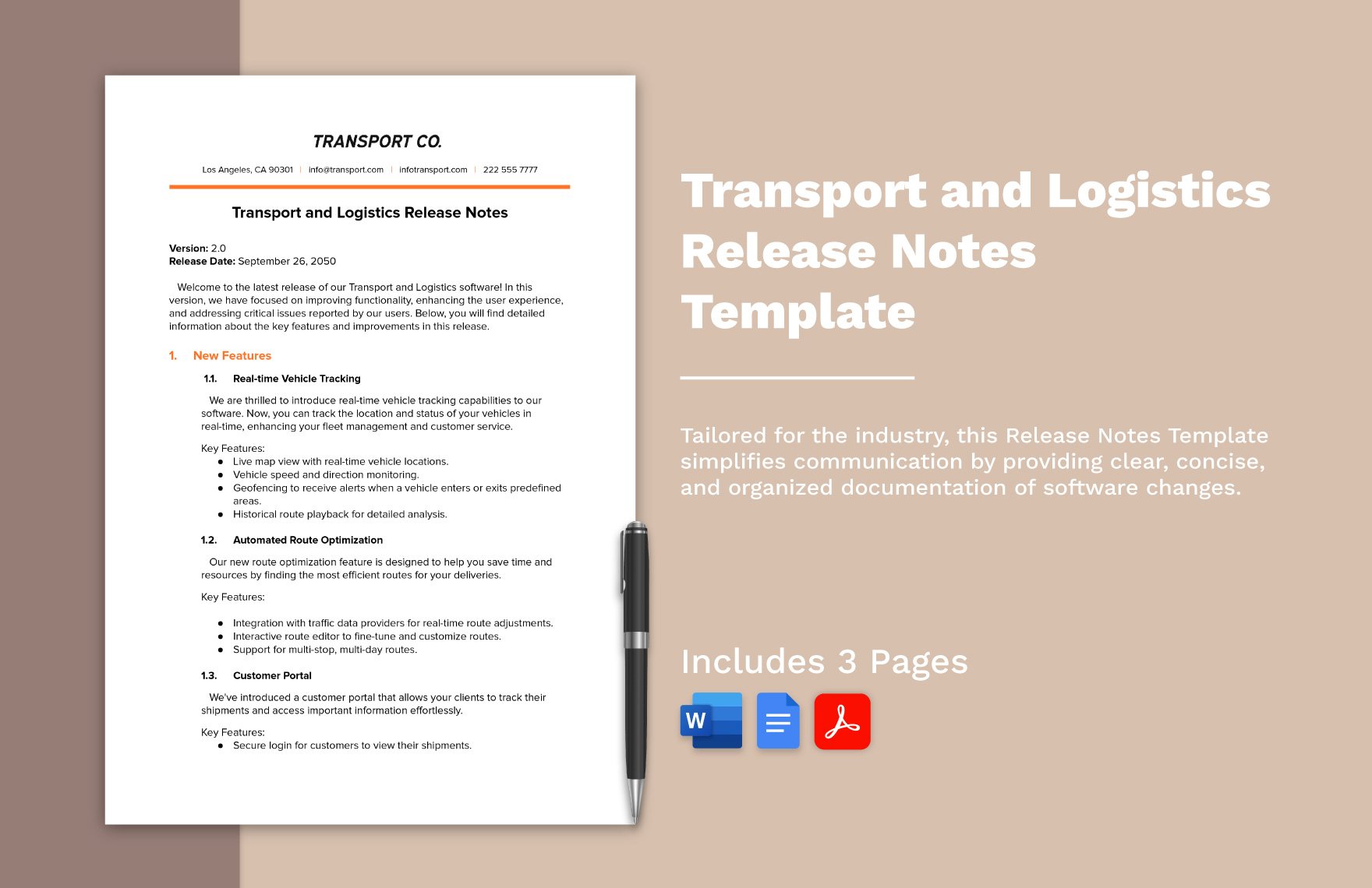 Transport and Logistics Release Notes Template in Word, Google Docs, PDF