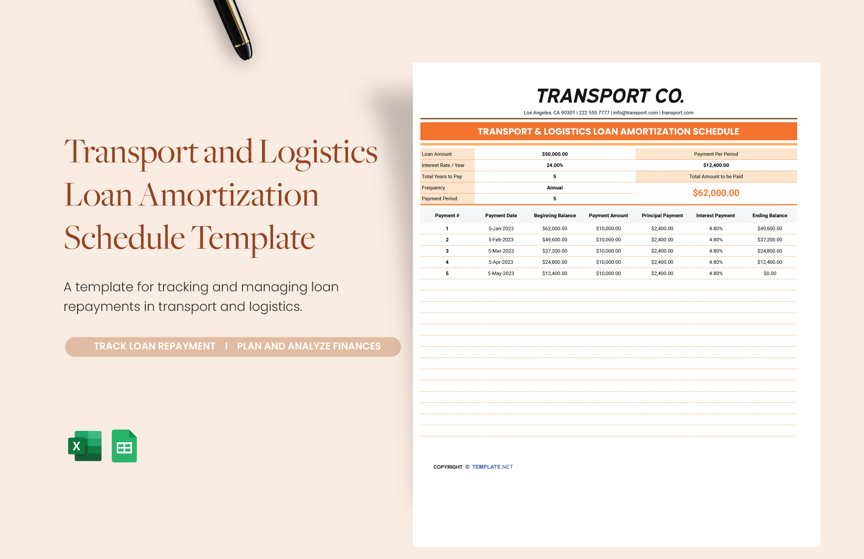 Transport and Logistics Loan Amortization Schedule Template in Excel, Google Sheets