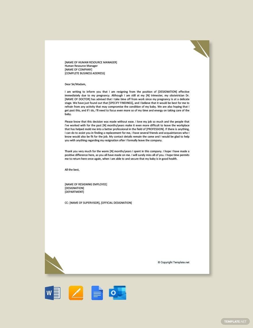Free Resignation Letter Due to Pregnancy Effective Immediately in Word, Google Docs, PDF, Apple Pages, Outlook