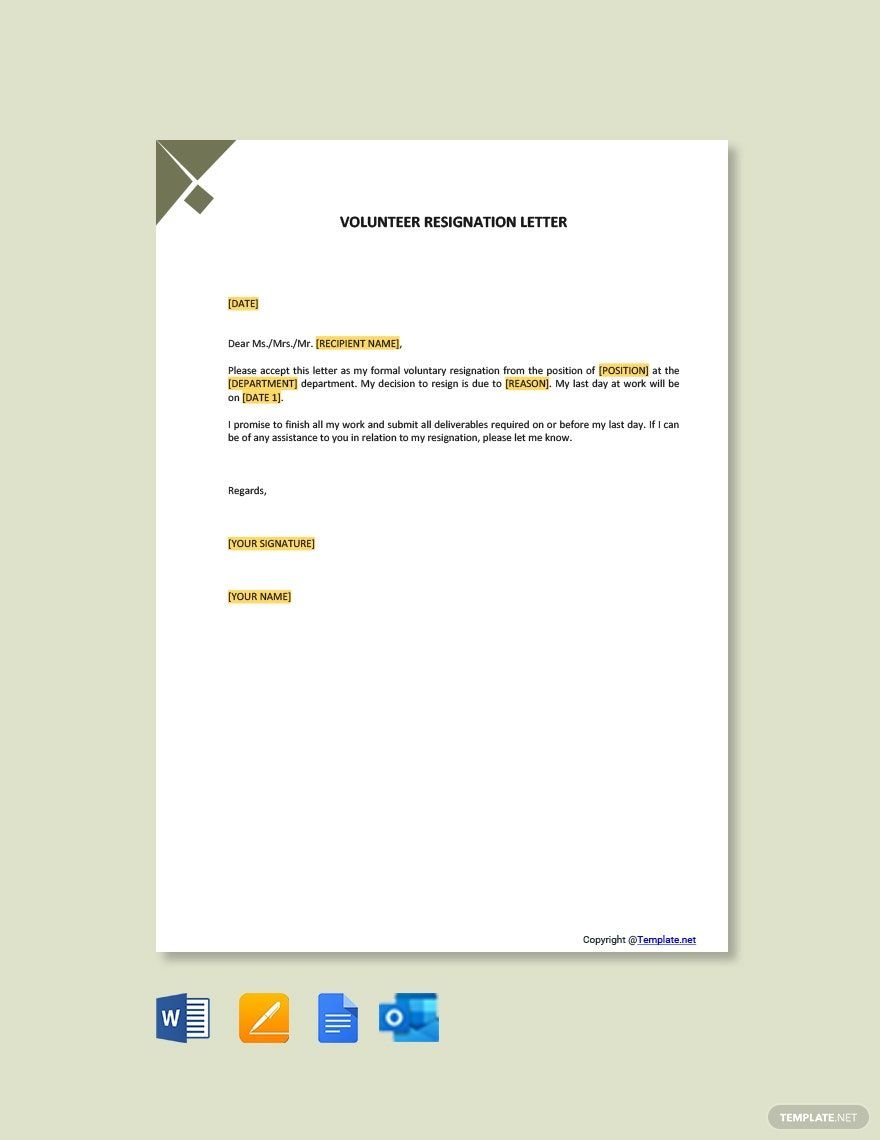 Free Volunteer Resignation Letter in Word, Google Docs, PDF, Apple Pages, Outlook