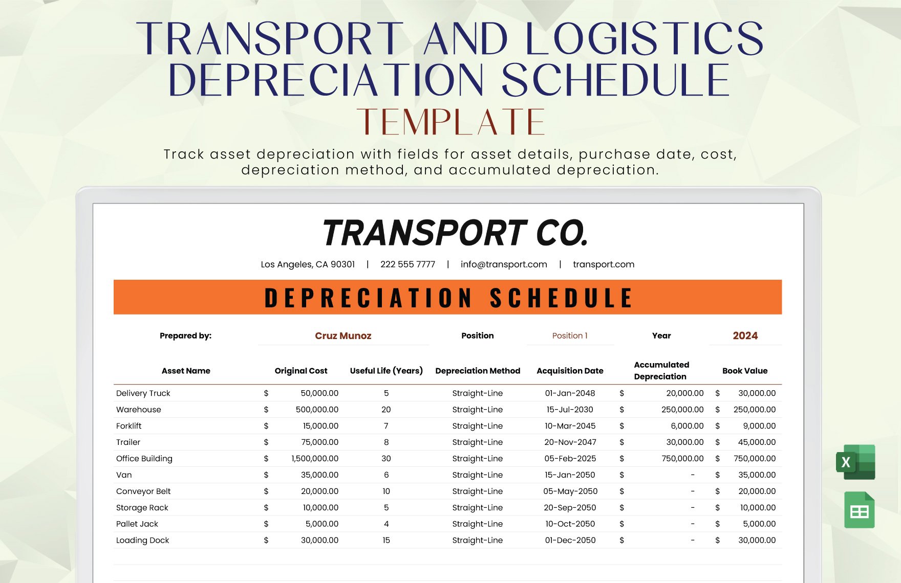 Free Transport and Logistics Depreciation Schedule Template in Excel, Google Sheets
