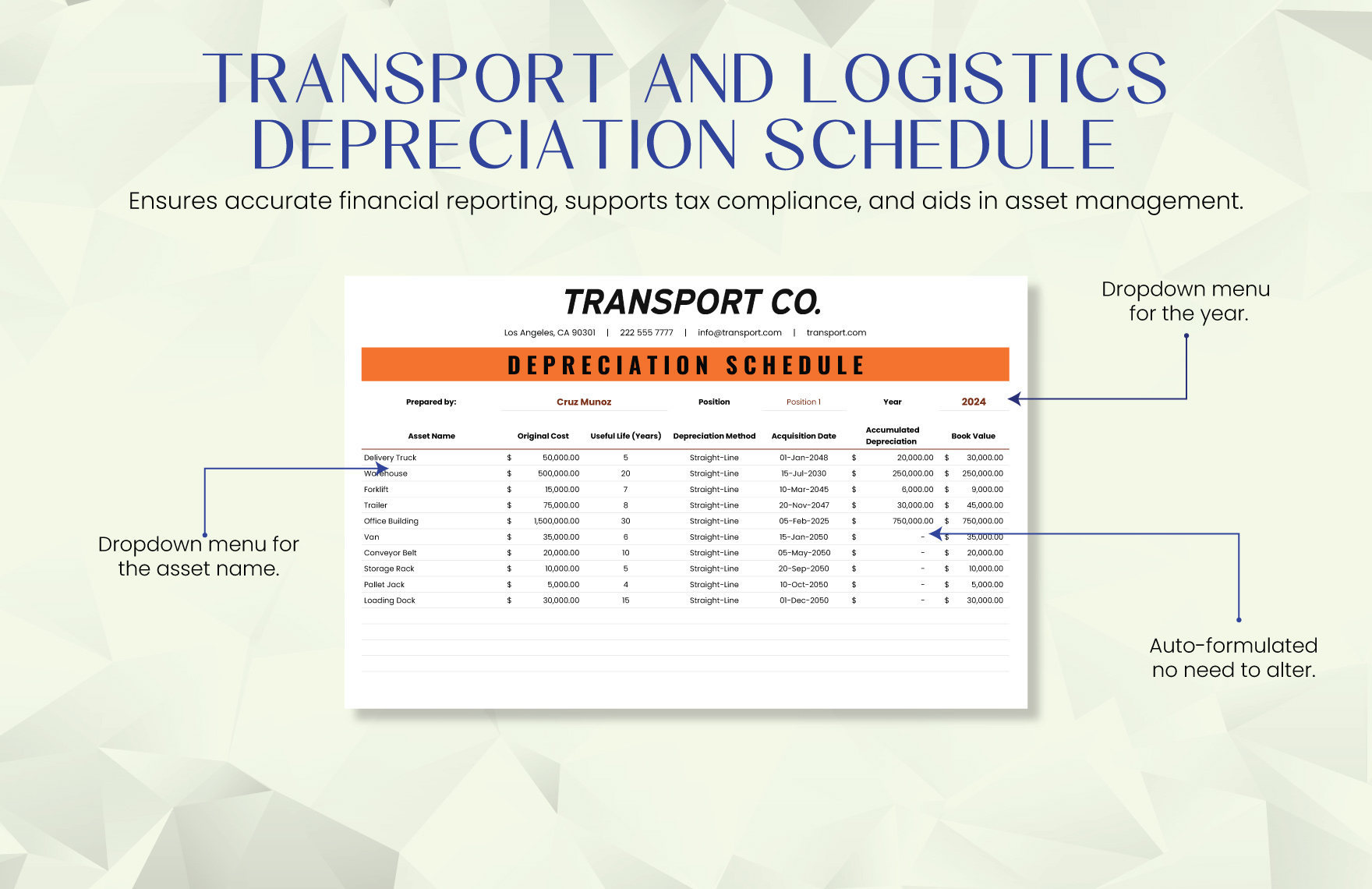 Transport and Logistics Depreciation Schedule Template