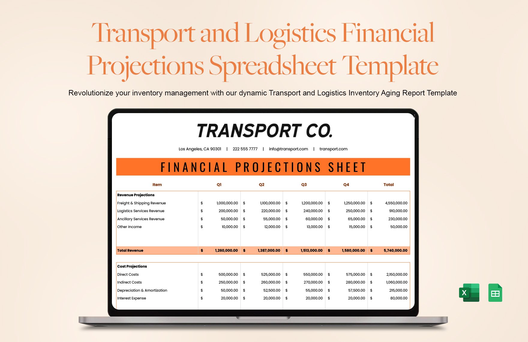 Transport and Logistics Financial Projections Spreadsheet Template