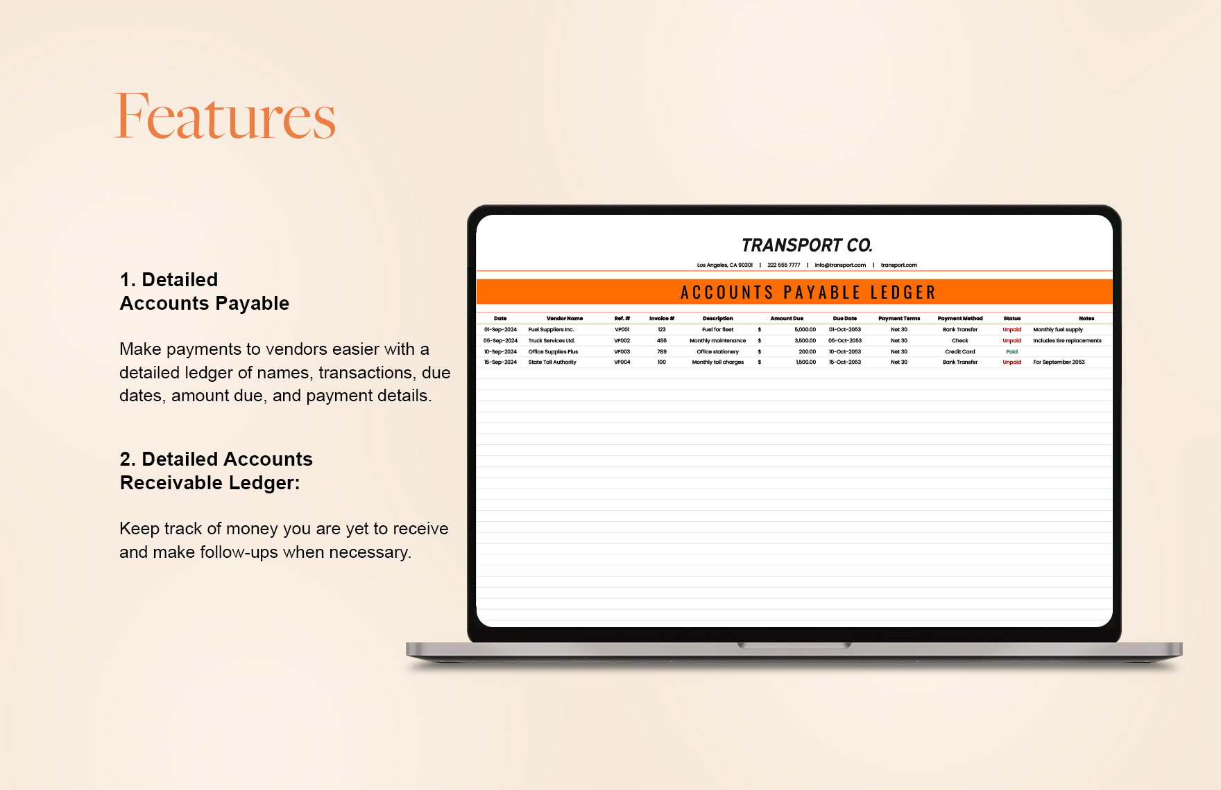 Transport and Logistics Accounts Payable and Receivable Ledger Template