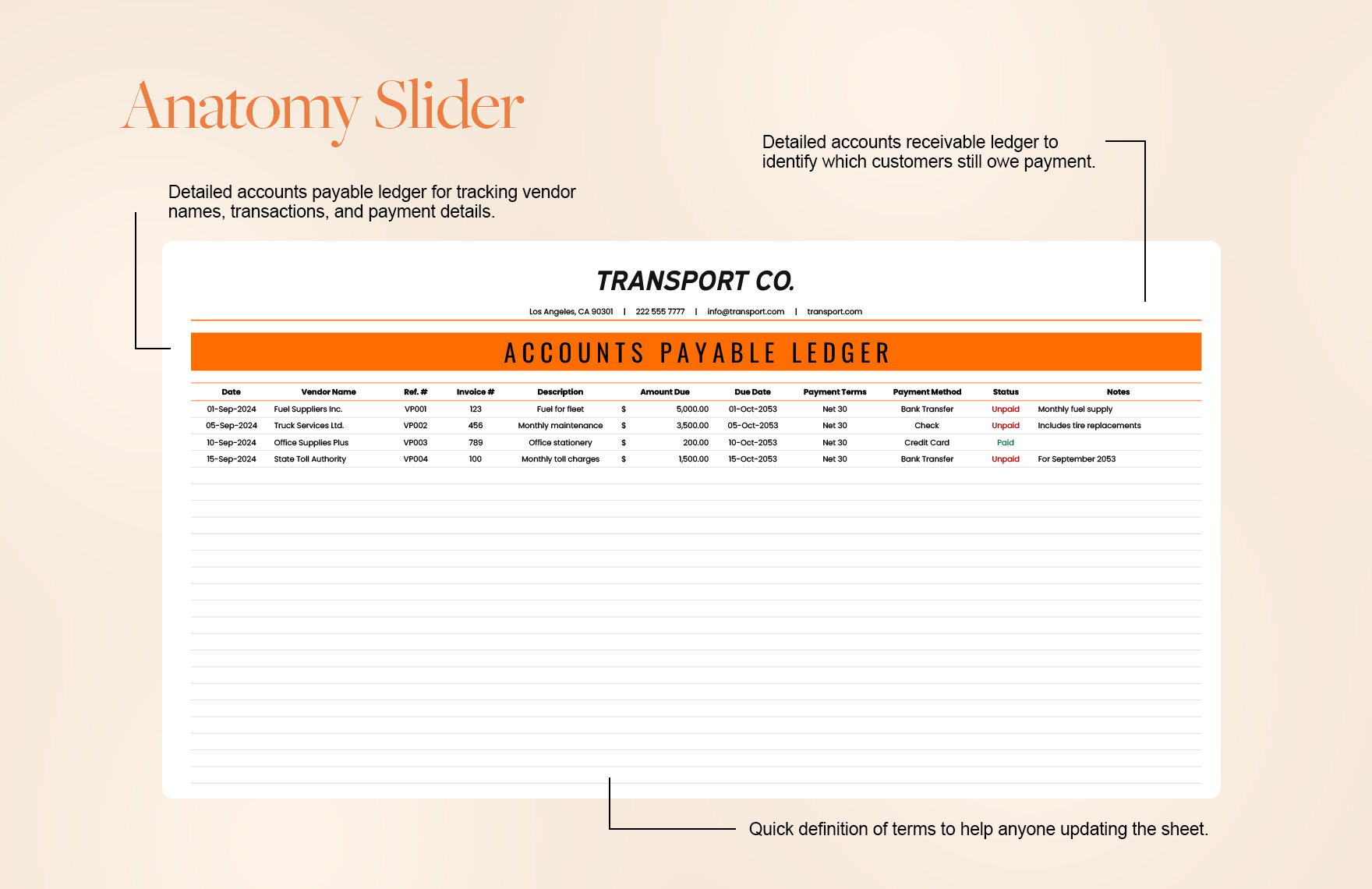 Transport and Logistics Accounts Payable and Receivable Ledger Template