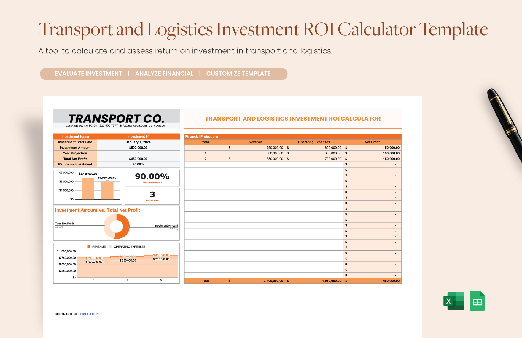 Free Transport and Logistics Investment ROI Calculator Template in Excel, Google Sheets