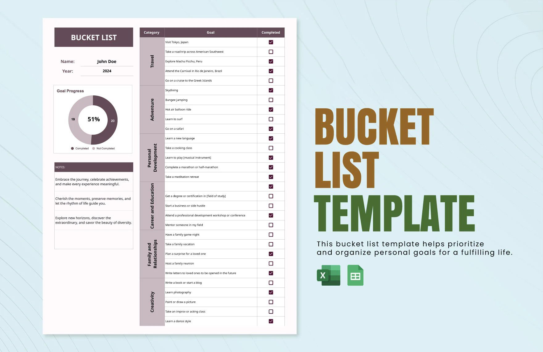 Free Bucket List Template in Excel, Google Sheets