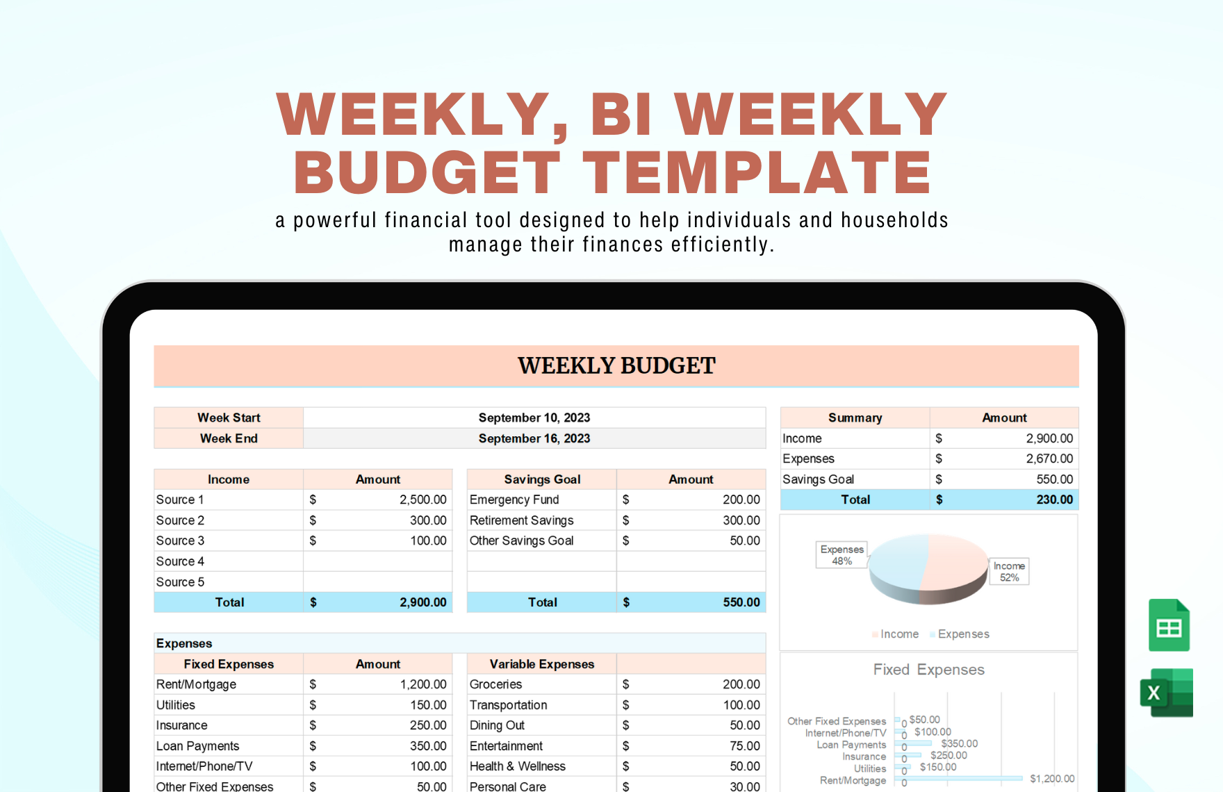 Free Weekly, Bi Weekly Budget Template in Excel, Google Sheets