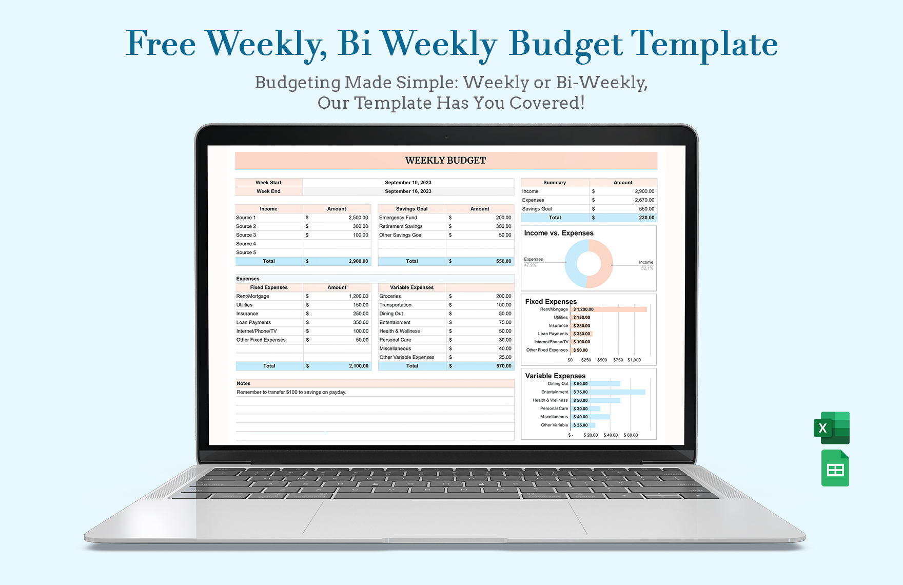Free Weekly Bi Weekly Budget Template Download in Excel Google