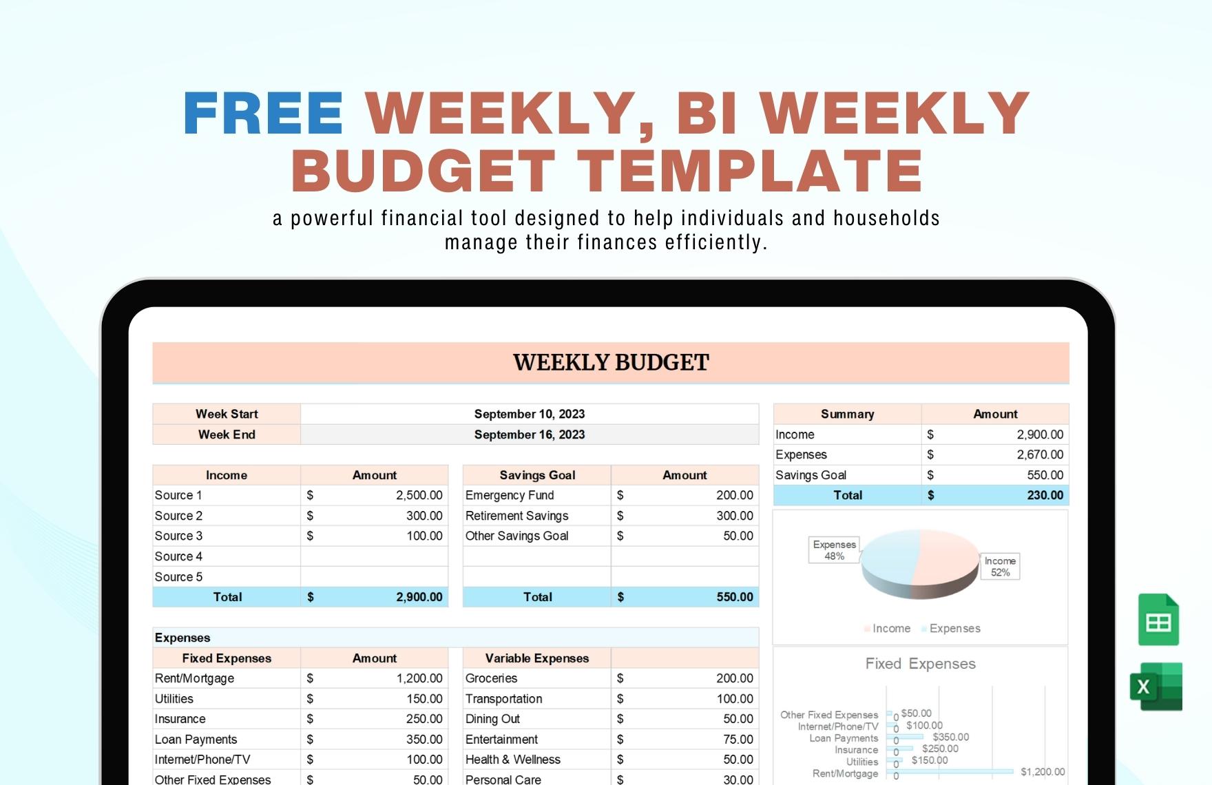 Free Weekly, Bi Weekly Budget Template in Excel, Google Sheets