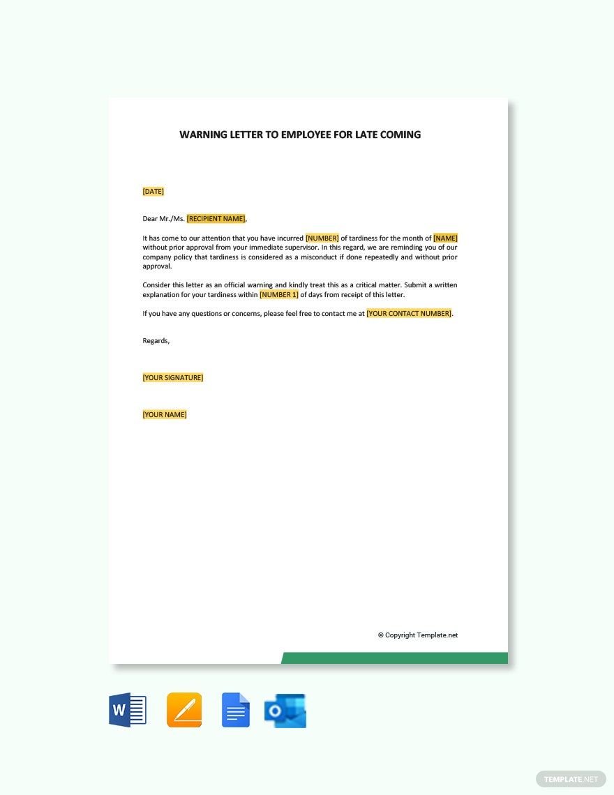 Free Warning Letter to Employee for Late Coming Template