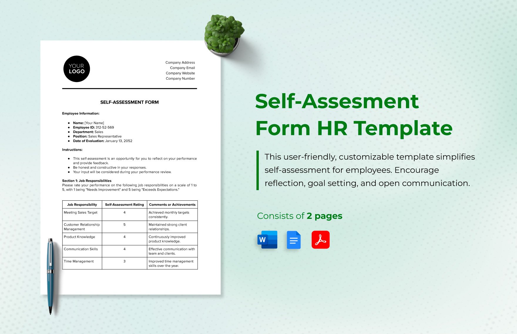 Self-assessment Form HR Template in Word, Google Docs, PDF