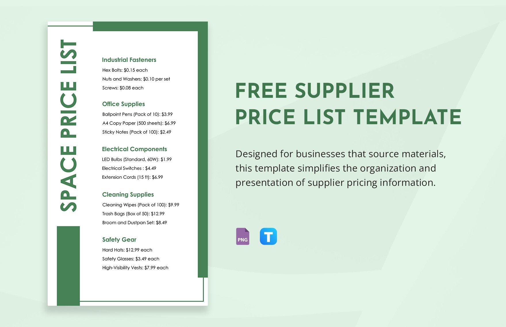 Free Supplier Pricelist Template in PNG