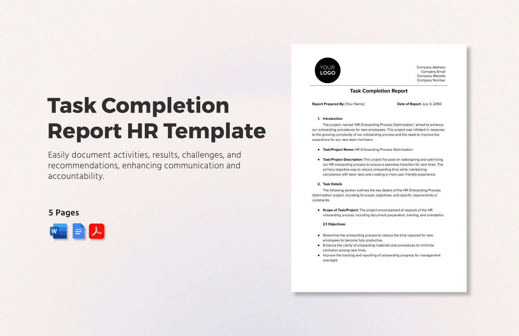 Task Completion Report HR Template in Word, Google Docs, PDF