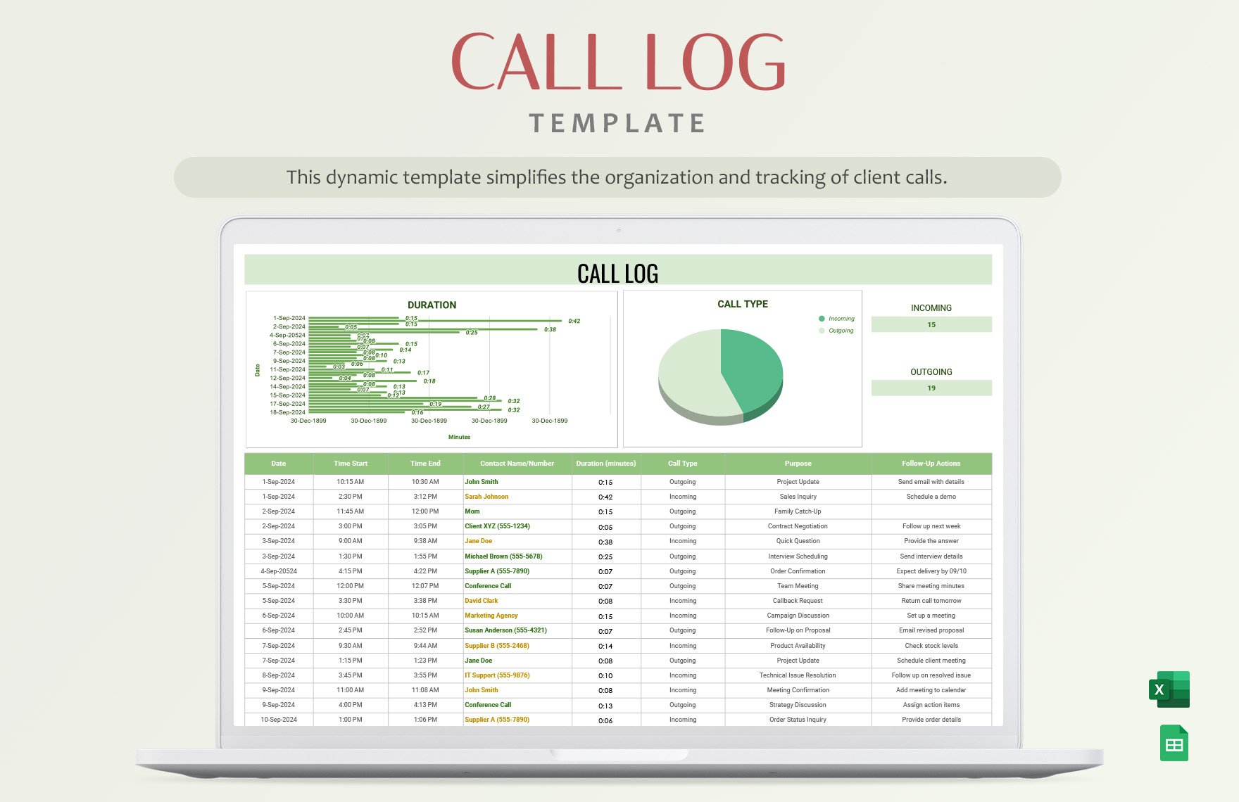 Free Call Log Template in Excel, Google Sheets