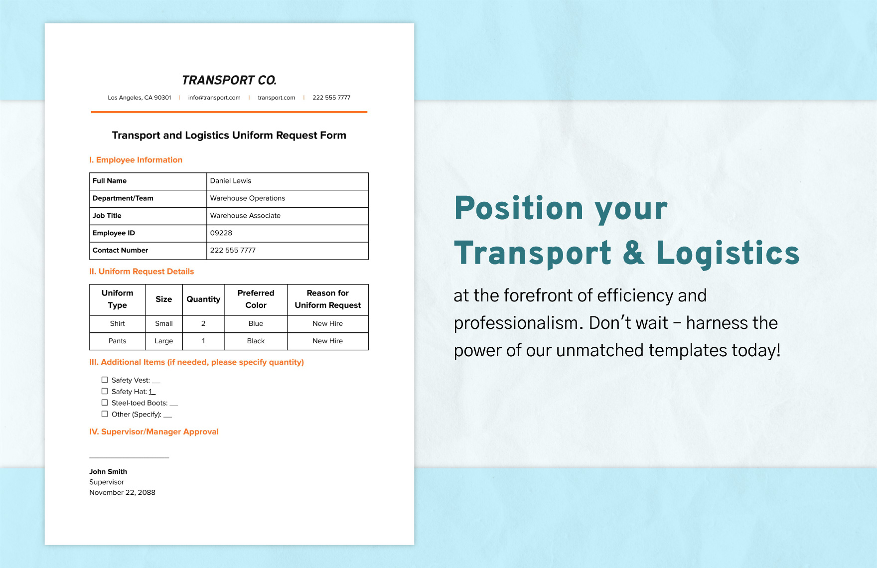 Transport and Logistics Uniform Request Form Template