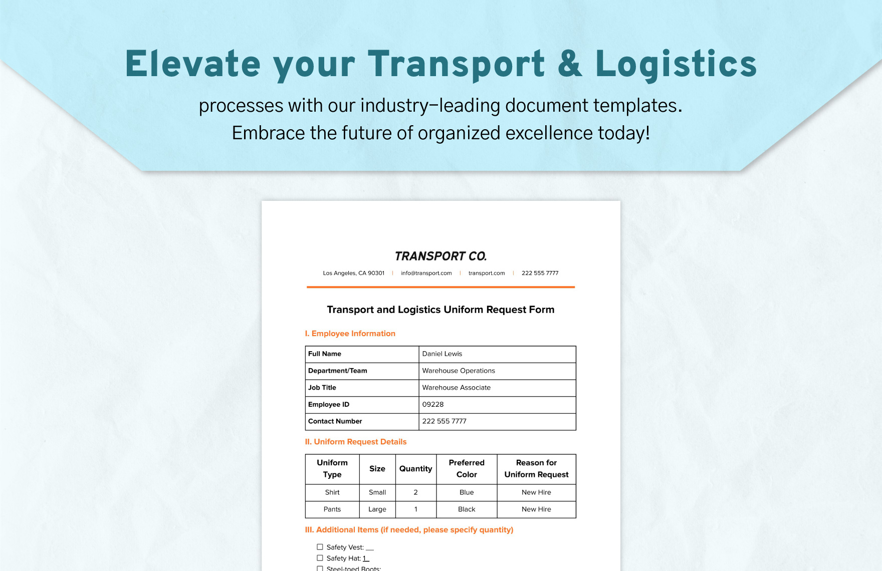 Transport and Logistics Uniform Request Form Template