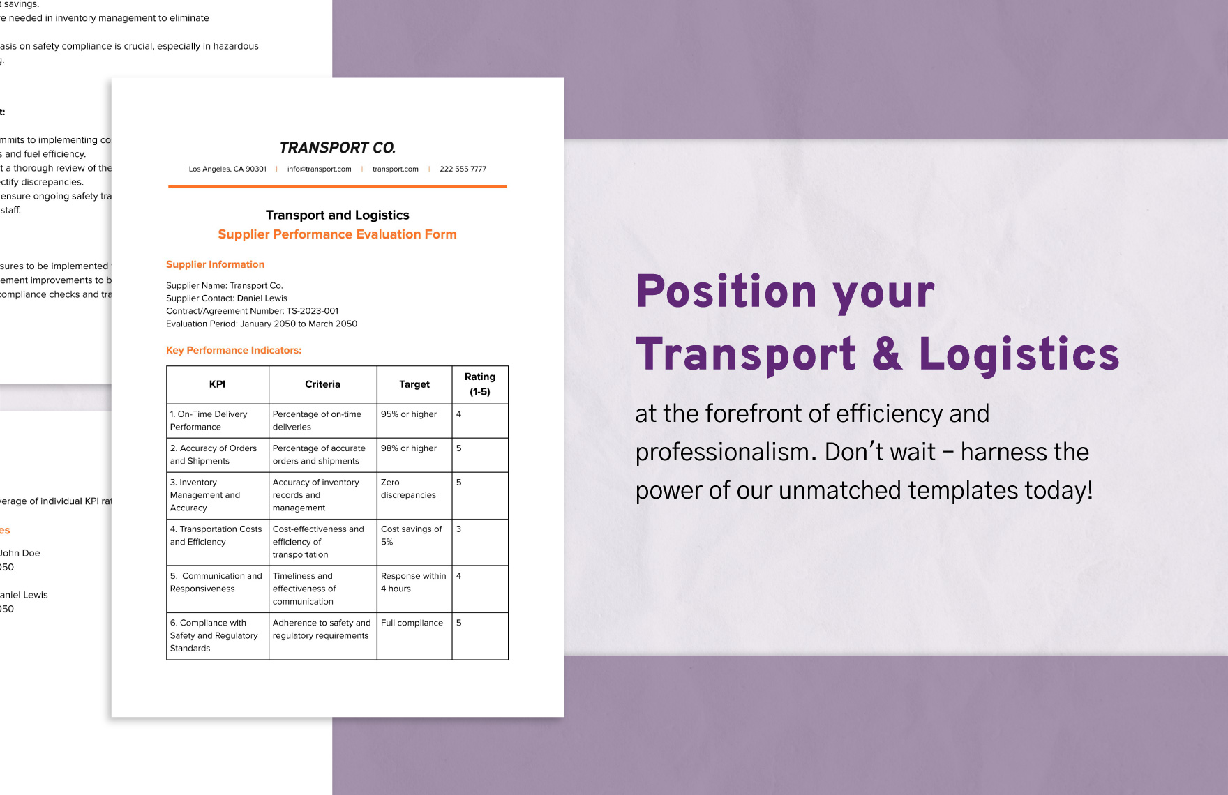 Transport and Logistics Supplier Performance Evaluation Form Template