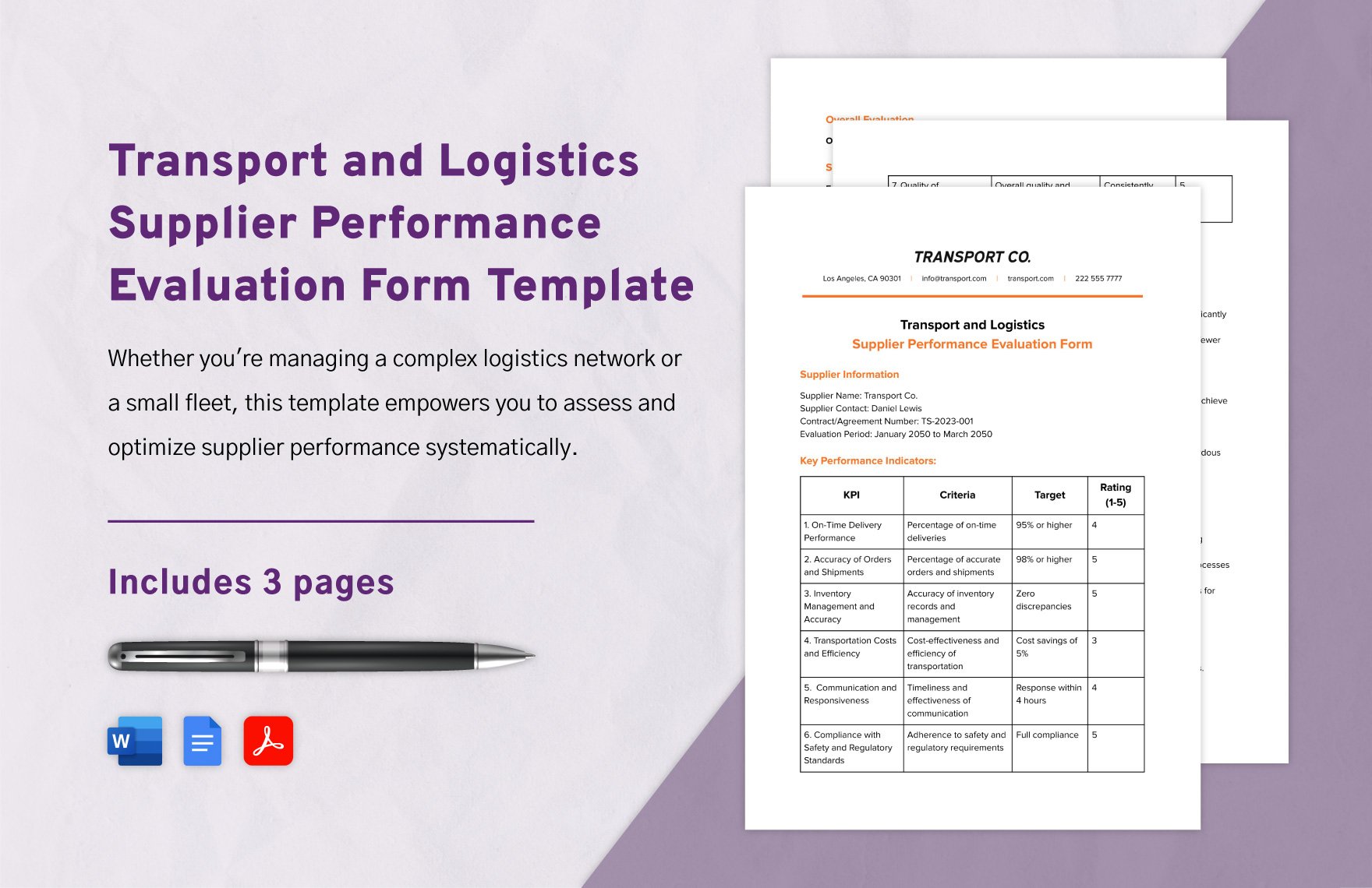 Transport and Logistics Supplier Performance Evaluation Form Template