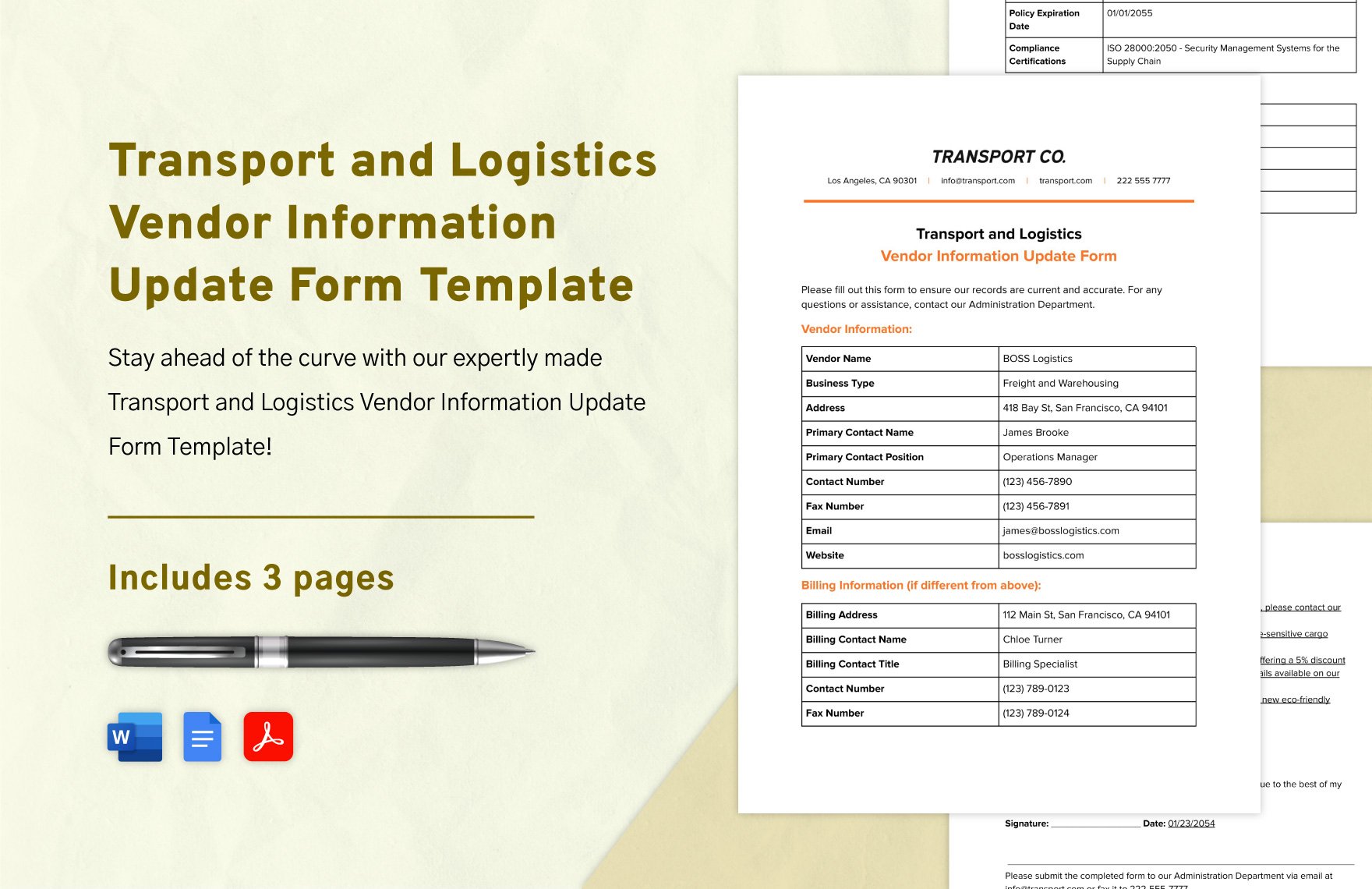 Transport and Logistics Vendor Information Update Form Template