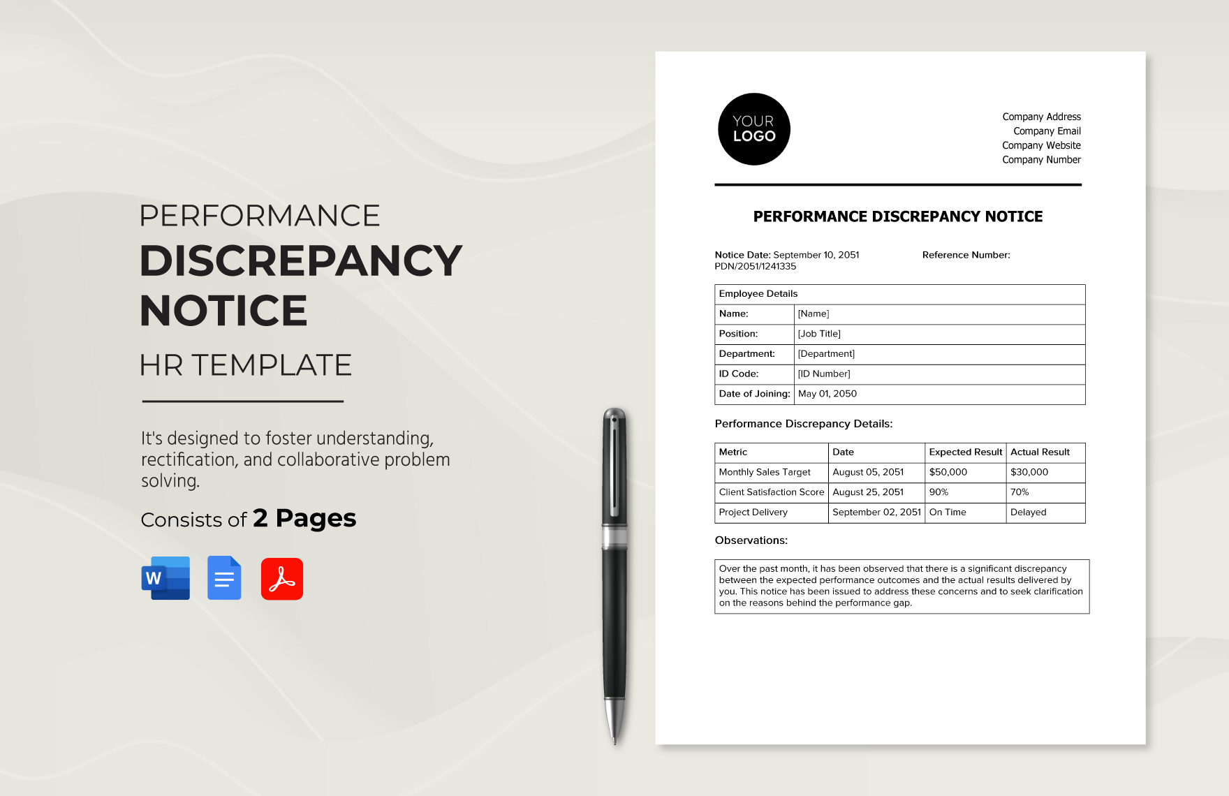 Performance Discrepancy Notice HR Template