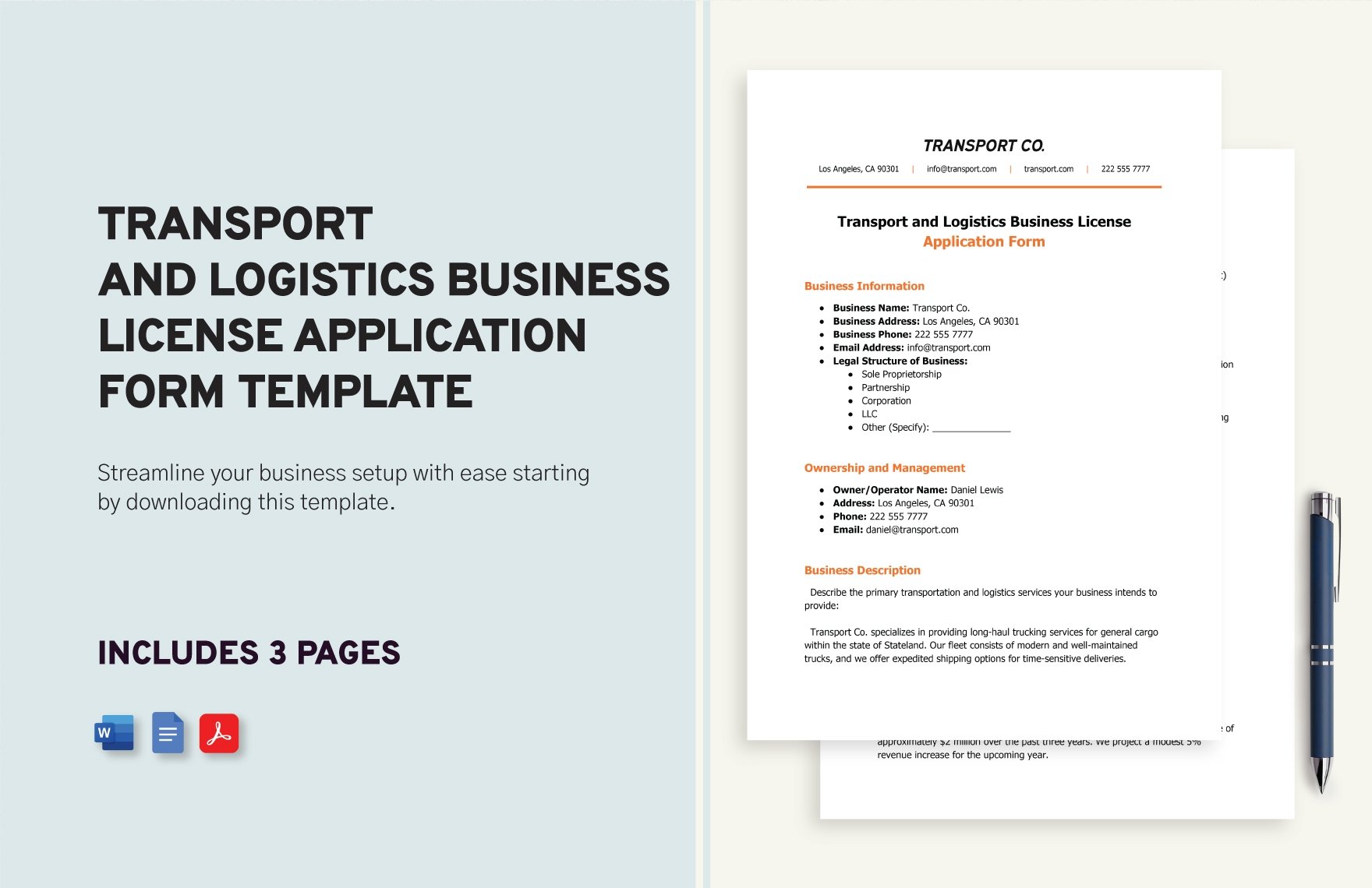 Transport and Logistics Business License Application Form Template