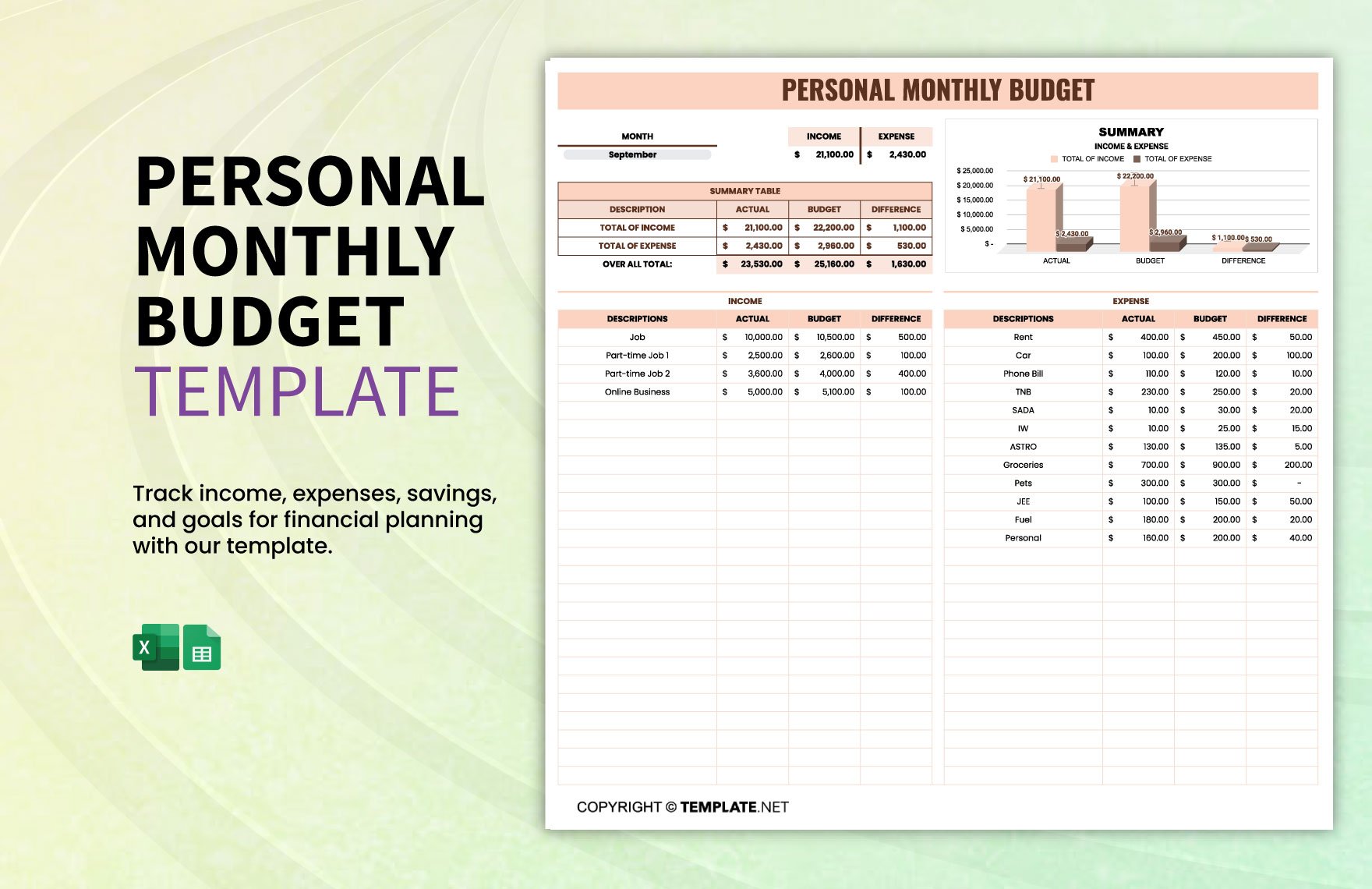 Personal Monthly Budget Template