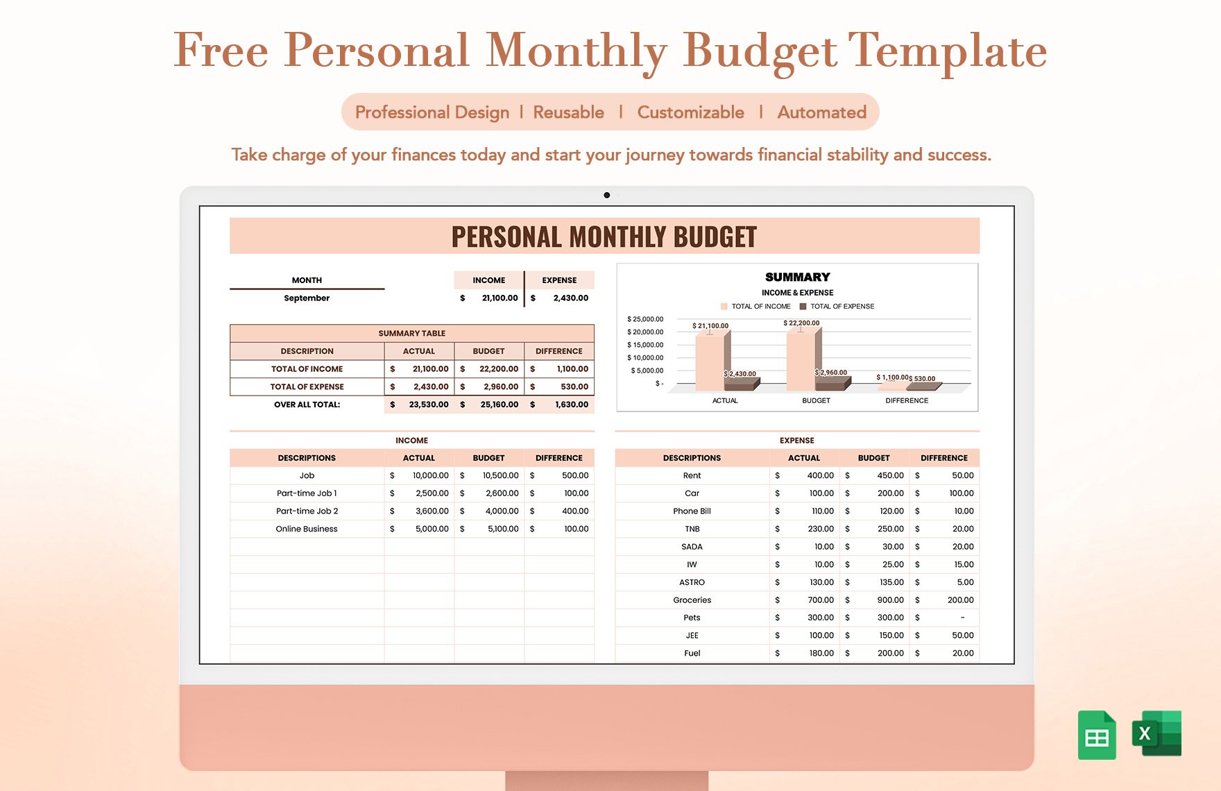 Free Personal Monthly Budget Template