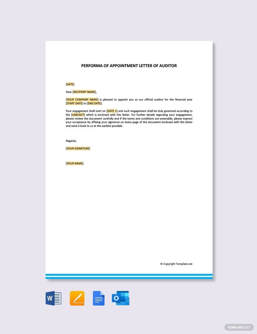 Free Performa of Appointment letter for Auditor Template