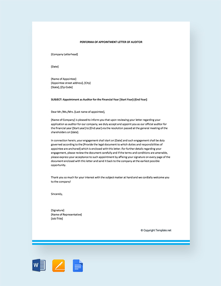 Free Performa Of Appointment Letter For Auditor Template: Download 2538 