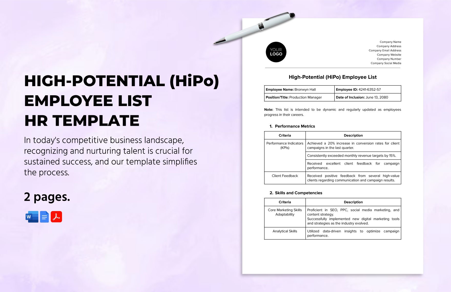 High-Potential (HiPo) Employee List HR Template