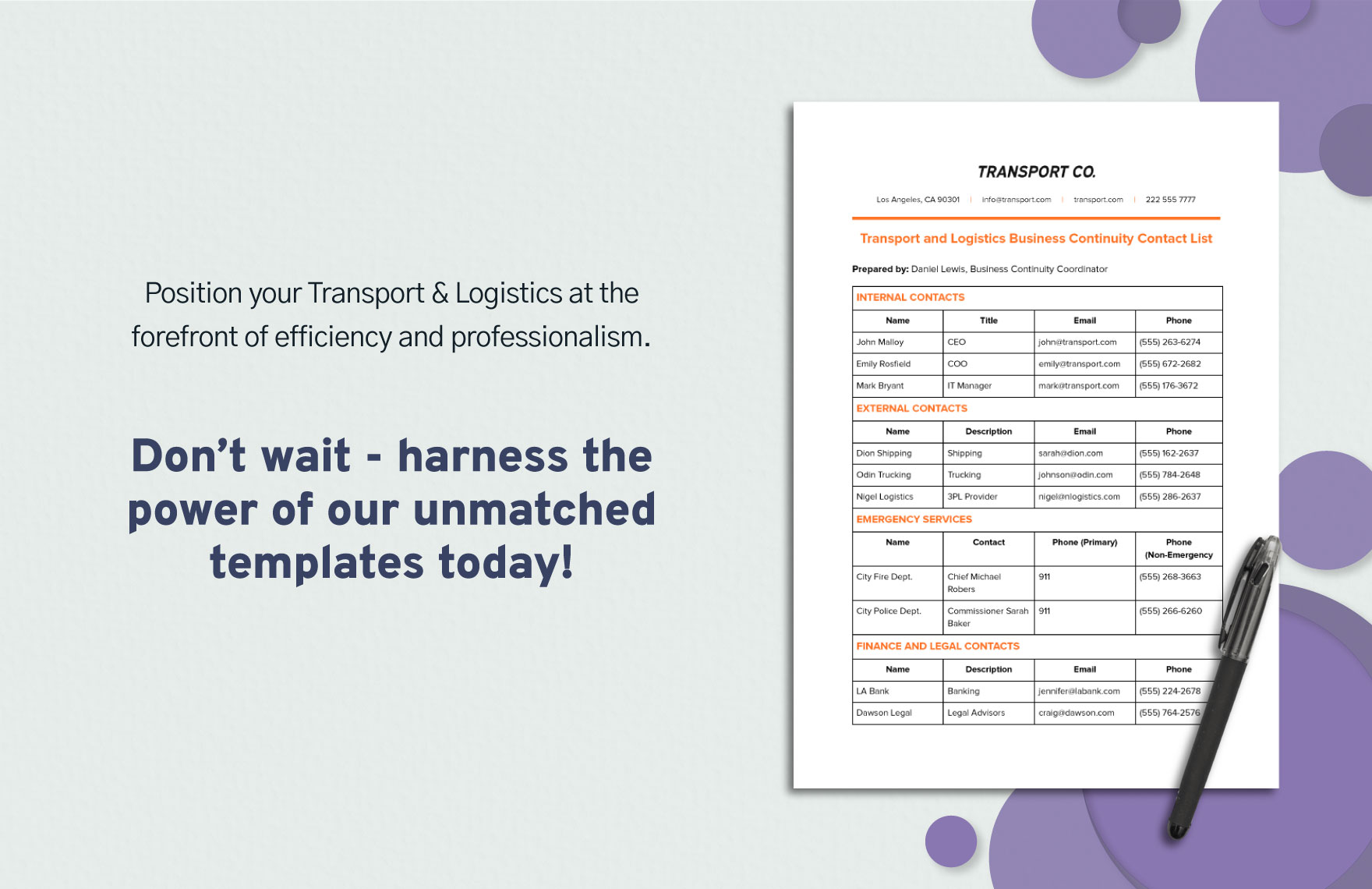 Transport and Logistics Business Continuity Contact List Template