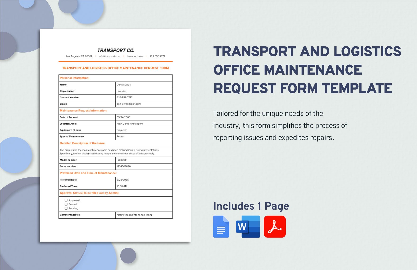 Transport and Logistics Office Maintenance Request Form Template