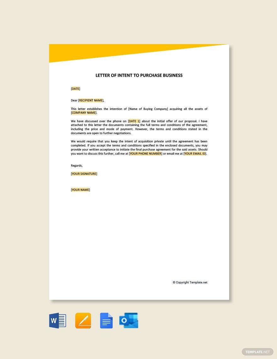 Letter Of Intent To Purchase Business Template