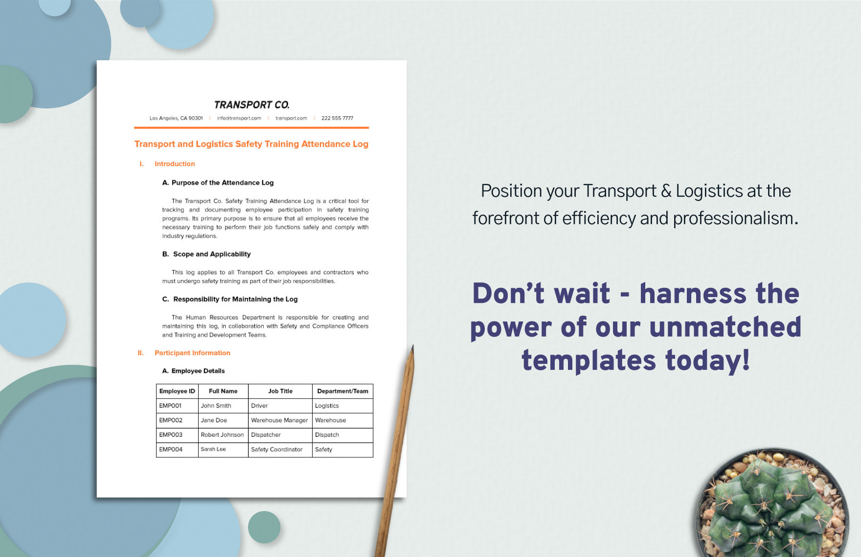 Transport and Logistics Safety Training Attendance Log Template