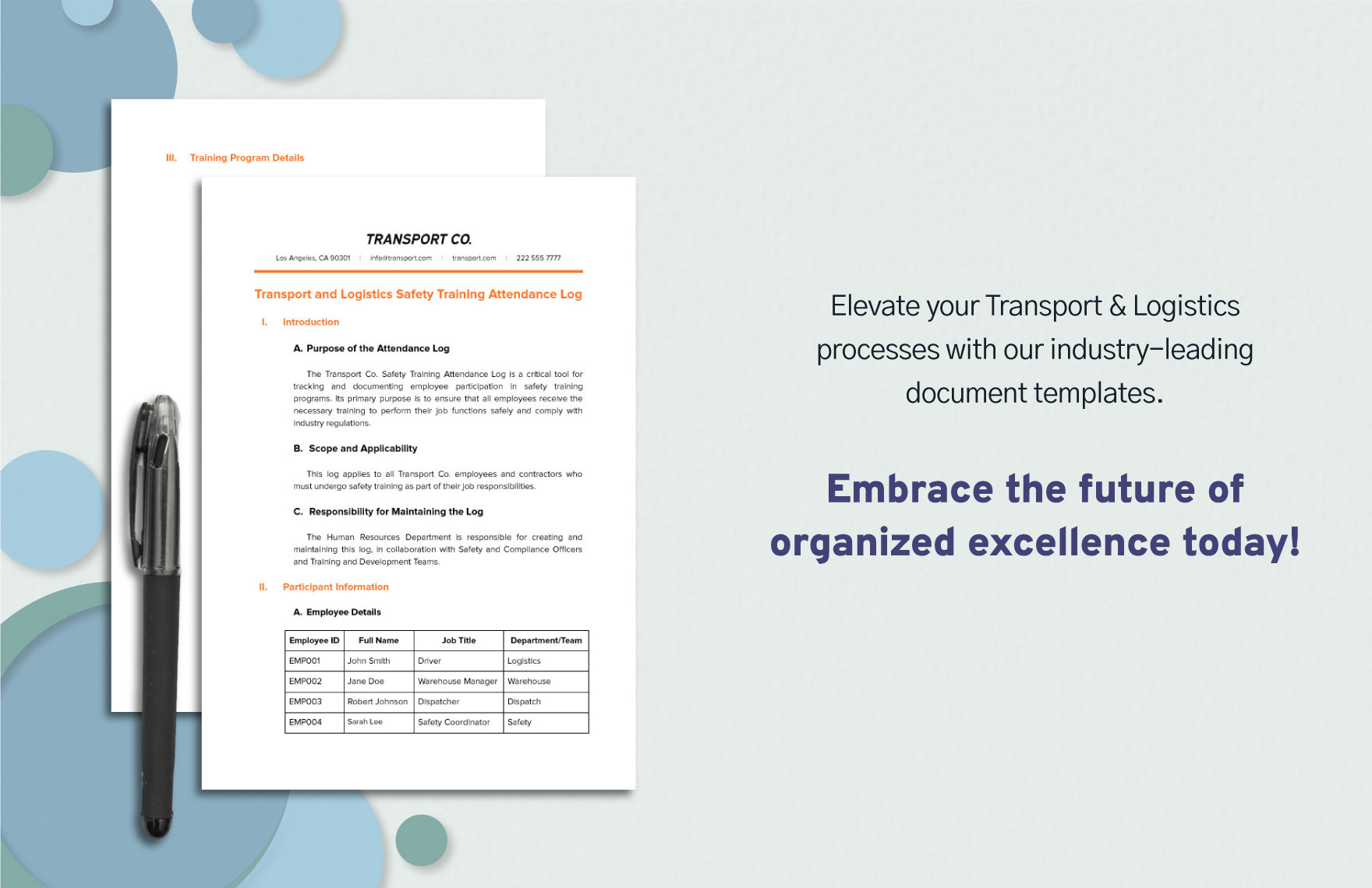 Transport and Logistics Safety Training Attendance Log Template