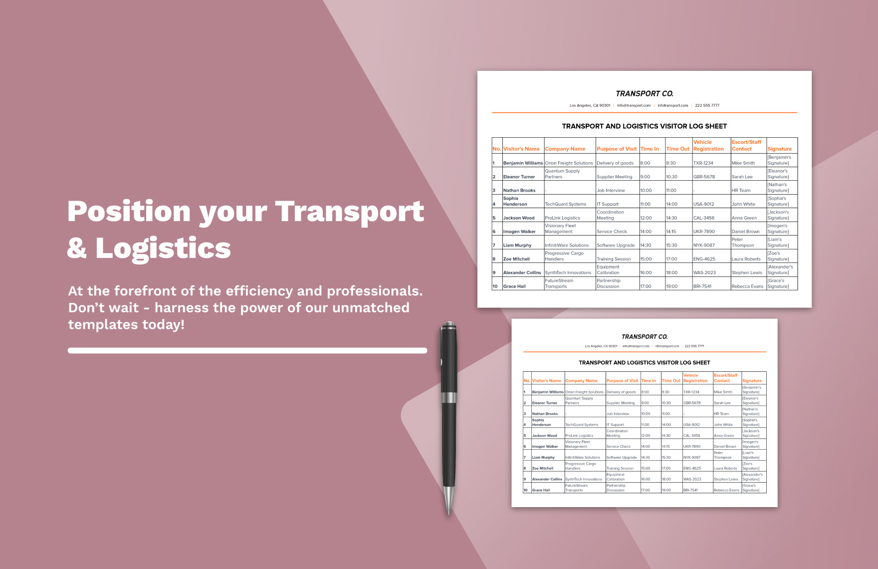 Transport and Logistics Visitor Log Sheet Template