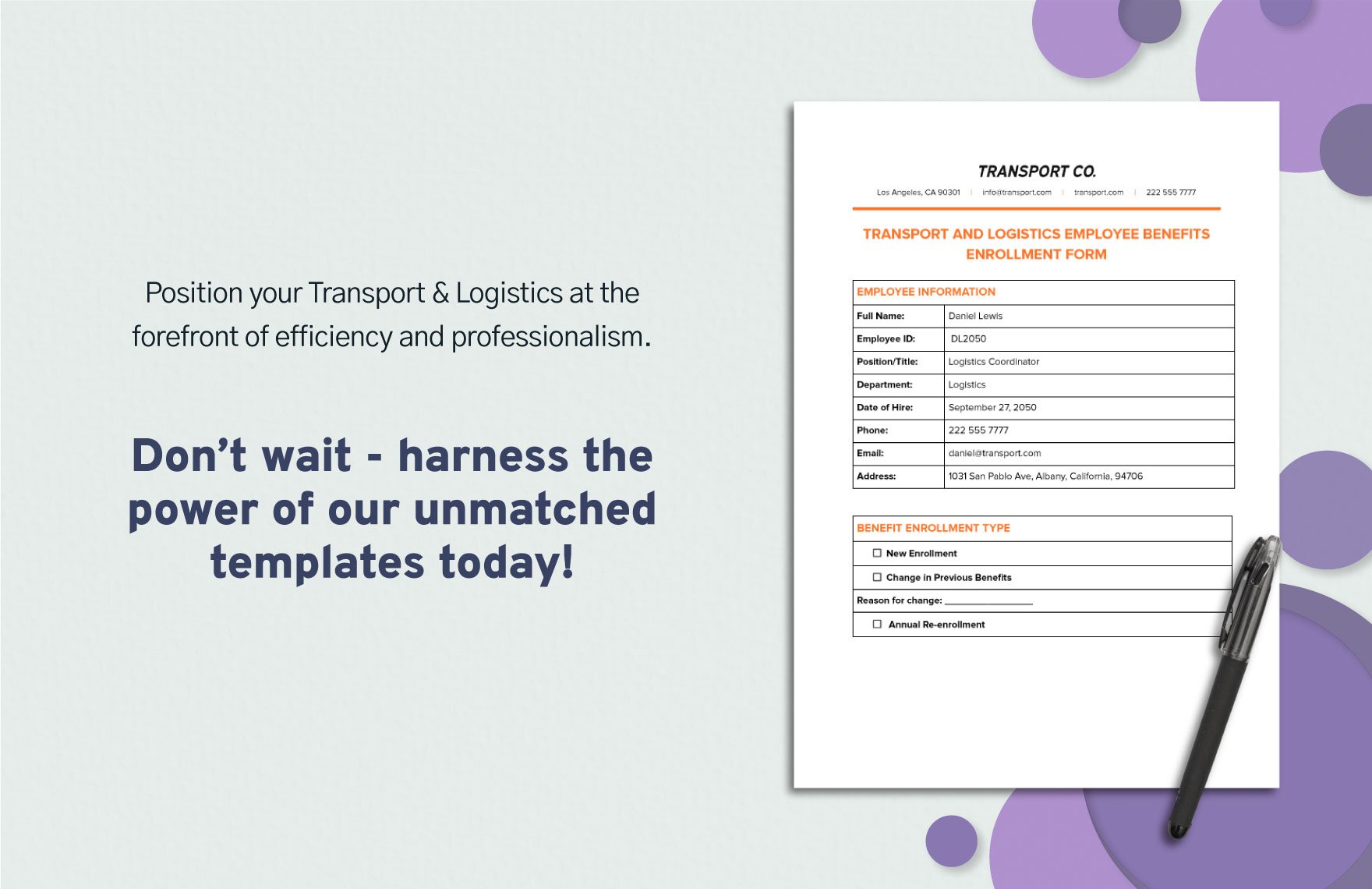 Transport and Logistics Employee Benefits Enrollment Form Template