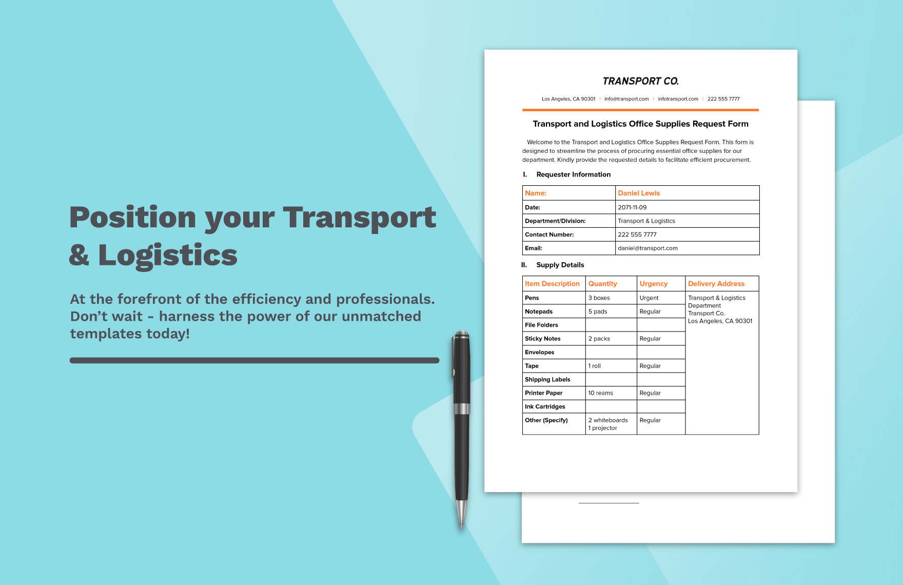 Transport and Logistics Office Supplies Request Form Template