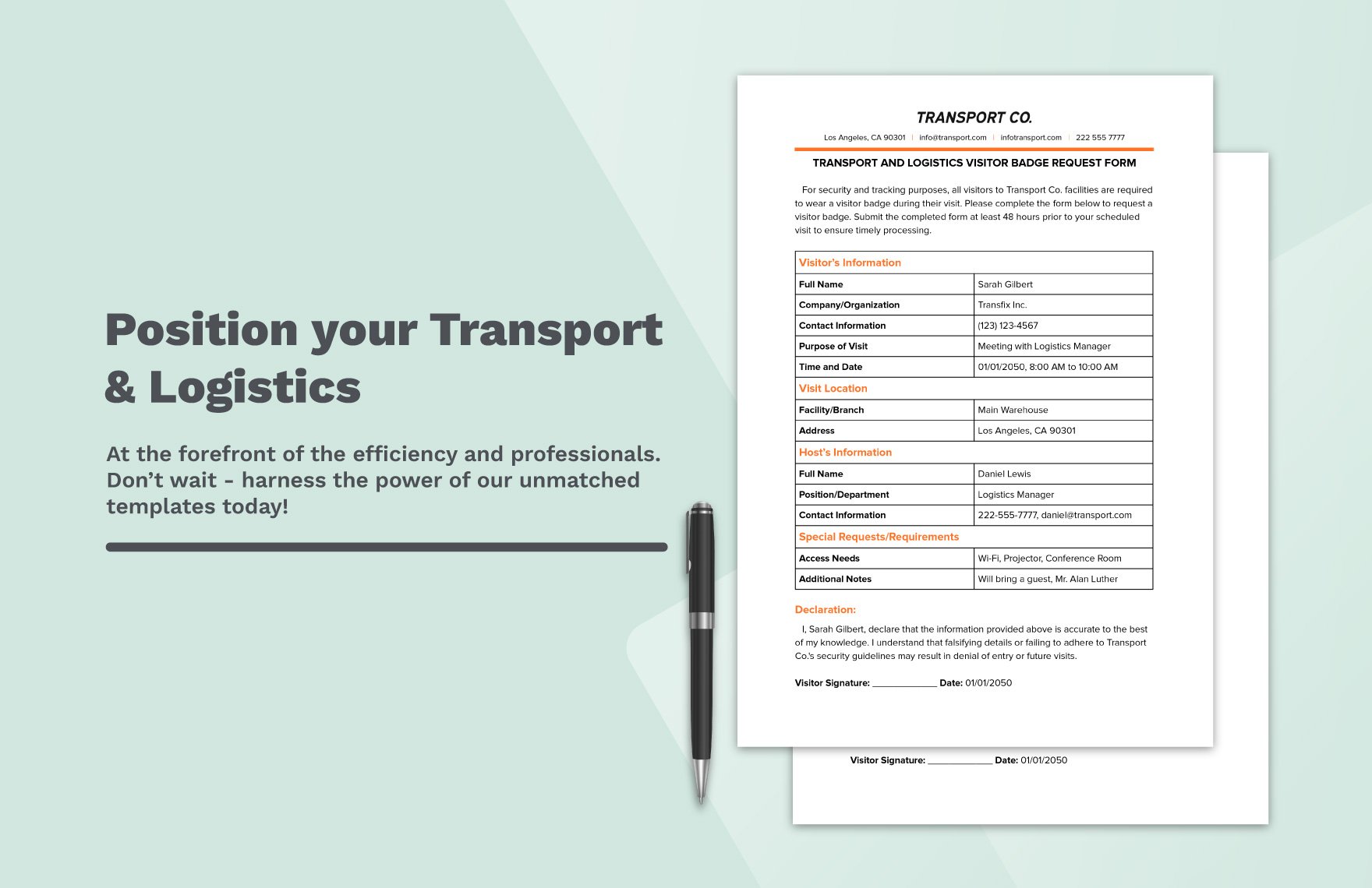 Transport and Logistics Visitor Badge Request Form Template
